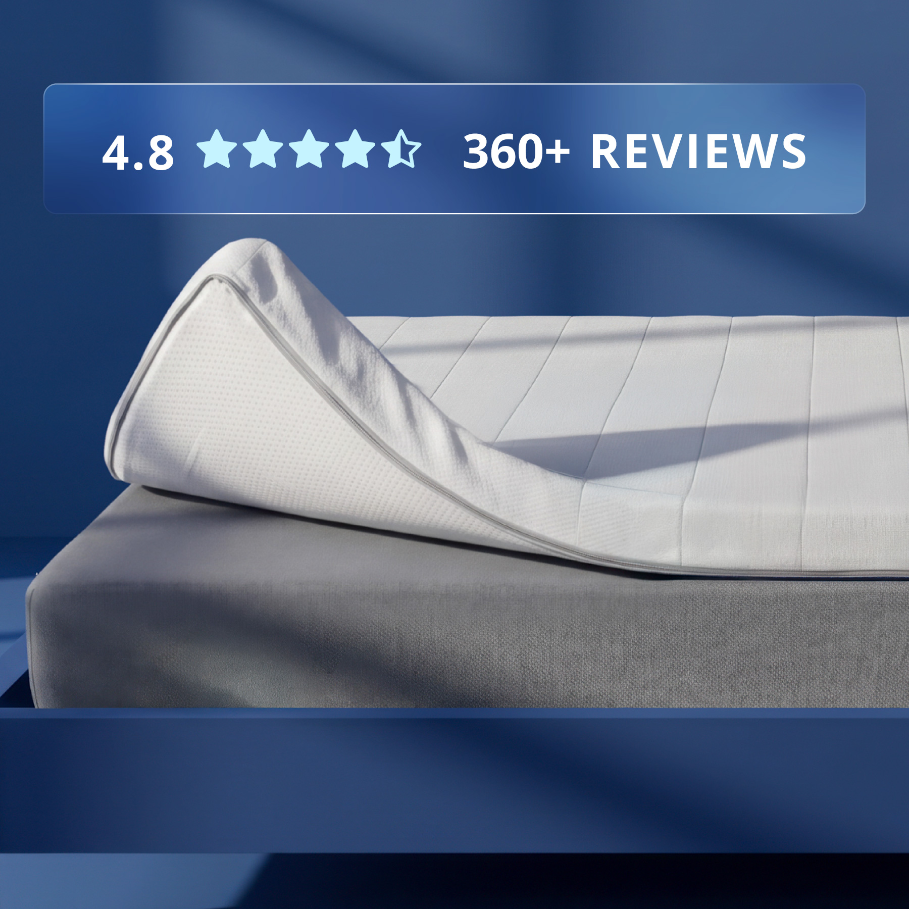 Orders placed by 2pm ships same day. A thick gray mattress topper sitting on top of a bed.