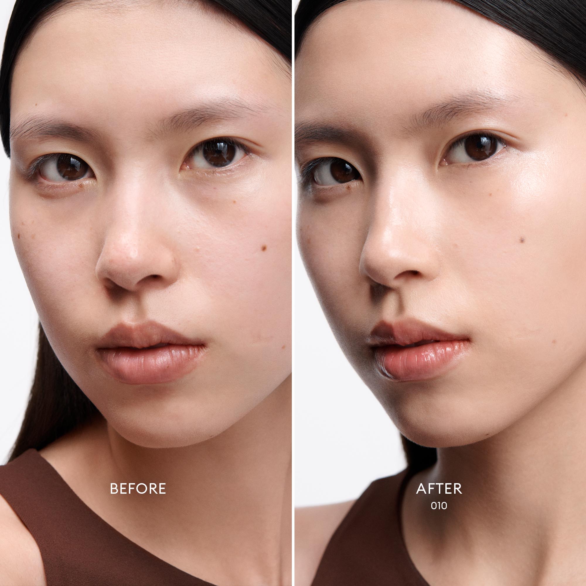 Before and After image of Fair Skin Tone/ Cool Pink Undertone model wearing Skin Enhance Luminous Tinted Serum in shade 010. 3