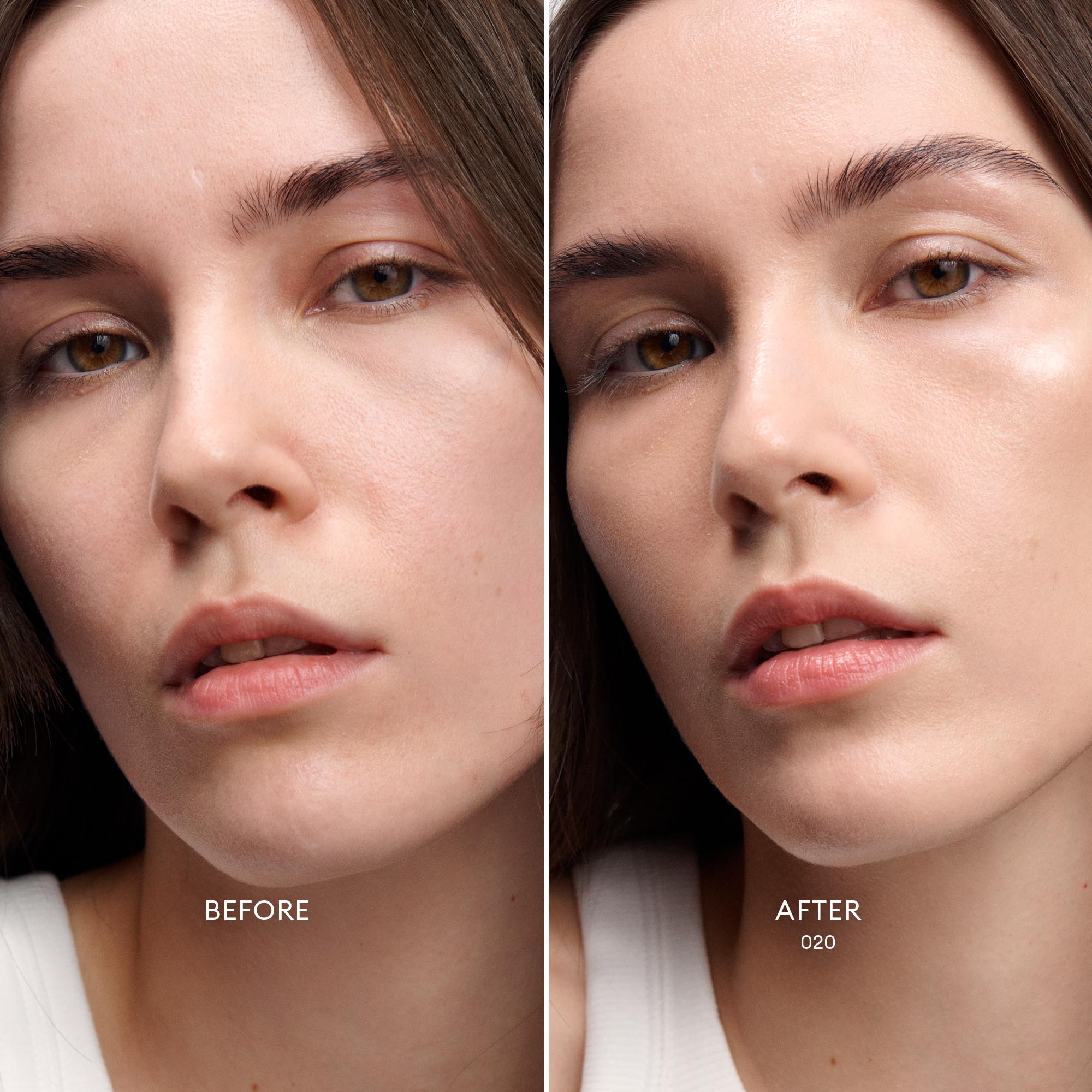 Before and After image of Light Skin Tone/Warm Peach Undertone model wearing Skin Enhance Luminous Tinted Serum in shade 020.
