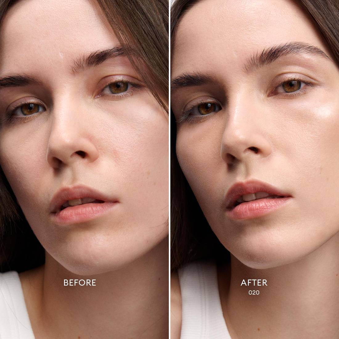 Before and After image of Light Skin Tone/Warm Peach Undertone model wearing Skin Enhance Luminous Tinted Serum in shade 020. 3