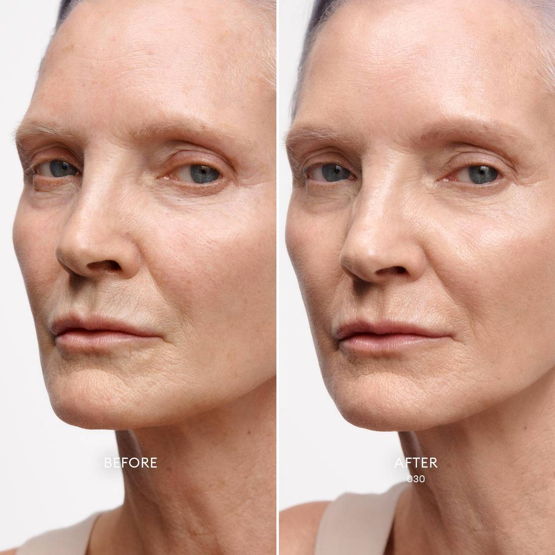Before and after image of Light Skin Tone/ Warm Golden Undertone model wearing Skin Enhance Luminous Tinted Serum in shade 030. 3