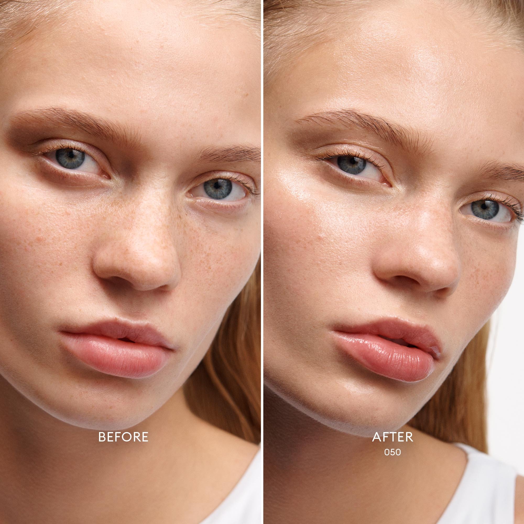 Before and after of a Medium Skin Tone/ Pink Undertone model wearing Skin Enhance Luminous Tinted Serum in shade 050.