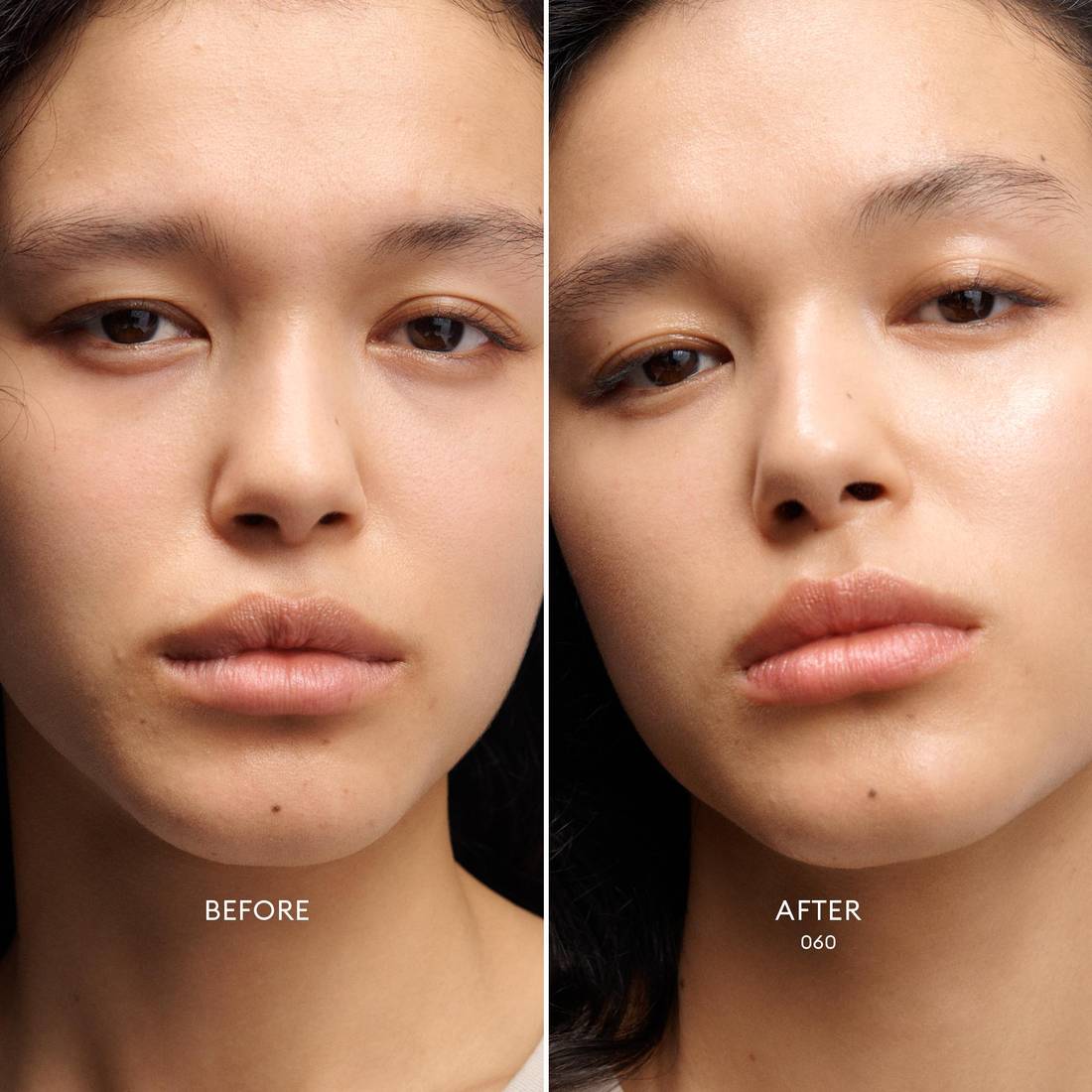 Before and after image of a Medium Skin Tone/ Neutral Undertone model wearing Skin Enhance Luminous Tinted Serum in shade 060. 2