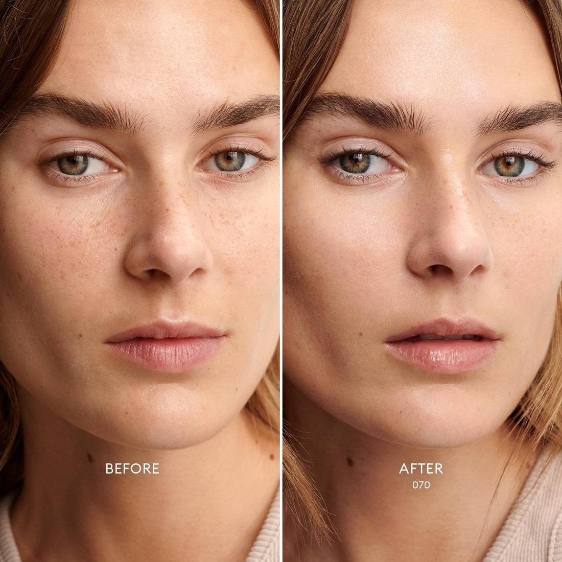 Before and after image of a Medium Skin Tone/Peach Undertone model wearing Skin Enhance Luminous Tinted Serum in shade 070. 2