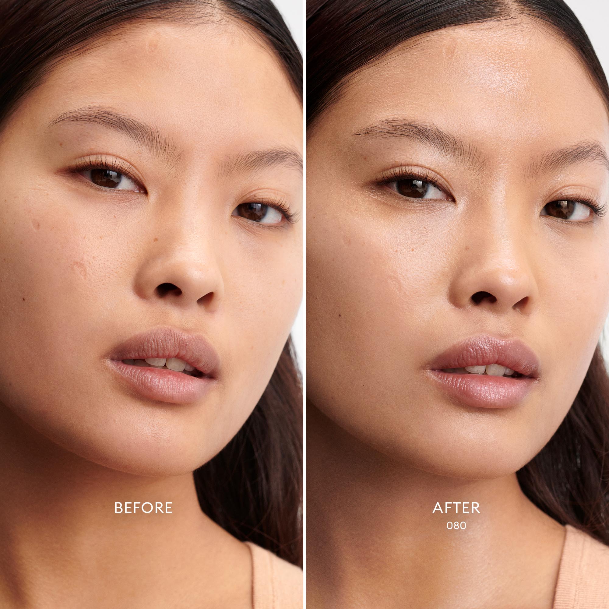 Before and after of a Medium Tan Skin Tone/ Peach Undertone model wearing Skin Enhance Luminous Tinted Serum in shade 080.