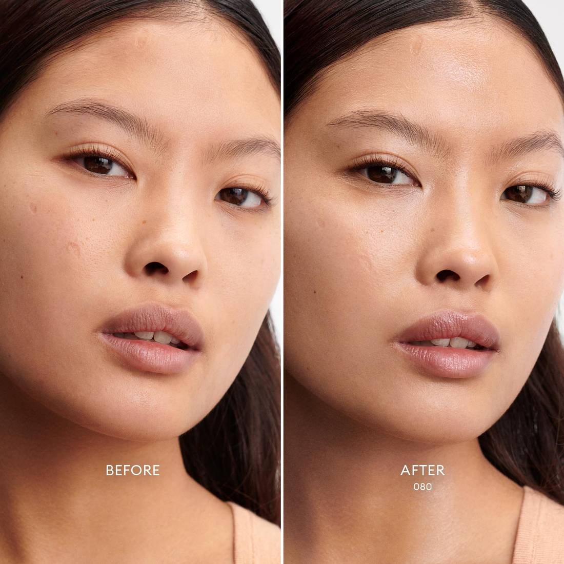 Before and after of a Medium Tan Skin Tone/ Peach Undertone model wearing Skin Enhance Luminous Tinted Serum in shade 080. 2
