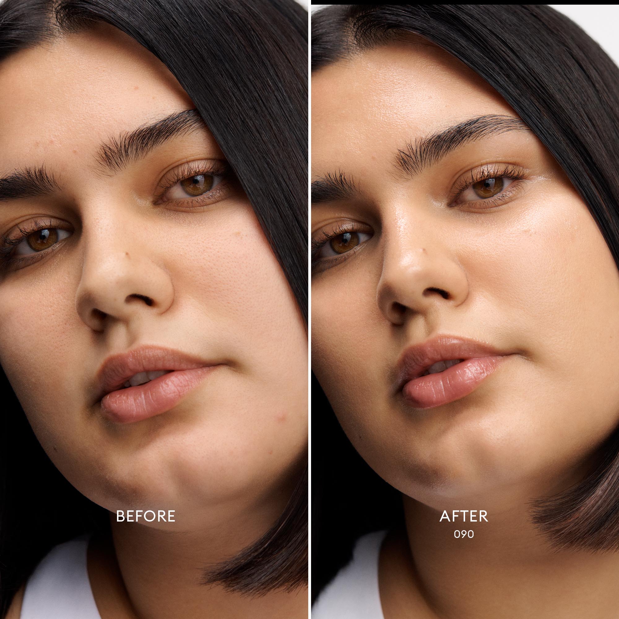 Before and after of a Medium Deep Skin Tone/Olive Undertone model wearing Skin Enhance Luminous Tinted Serum in shade 090.