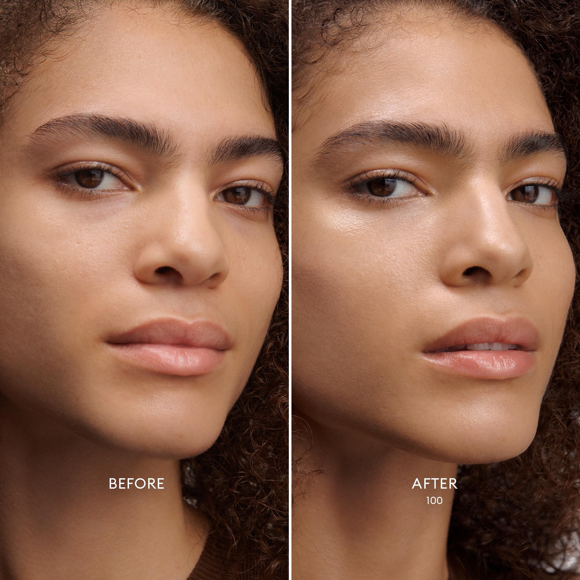 Before and after image of a Medium Deep Skin Tone/Golden Undertone model wearing Skin Enhance Luminous Tinted Serum in shade 100.