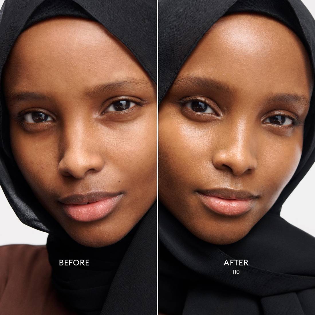 Before and after image of a Deep Skin Tone/Golden Undertone model wearing Skin Enhance Luminous Tinted Serum in shade 110. 1