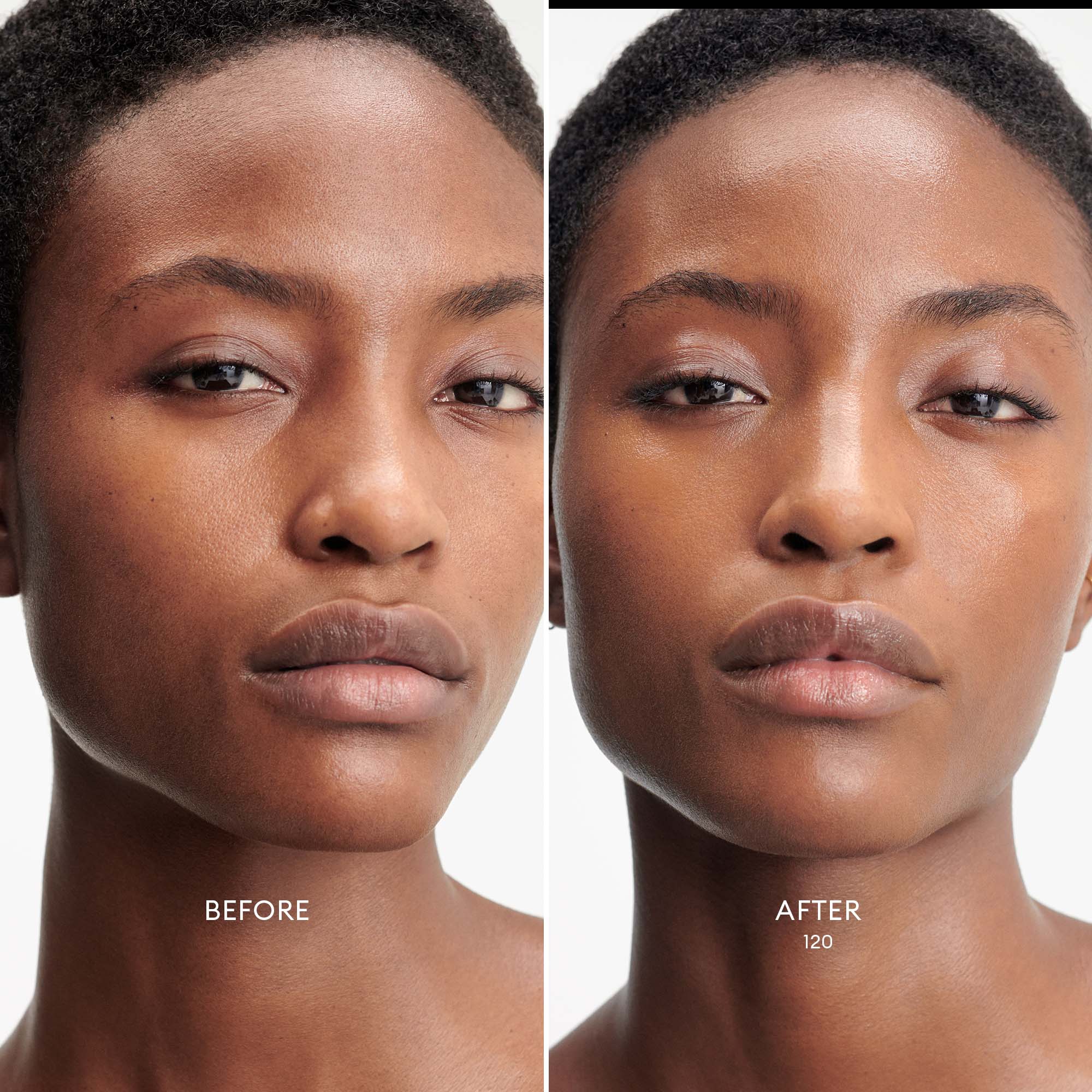 Before and after image of a Deep Skin Tone/Red Undertone model wearing Skin Enhance Luminous Tinted Serum in shade 120.