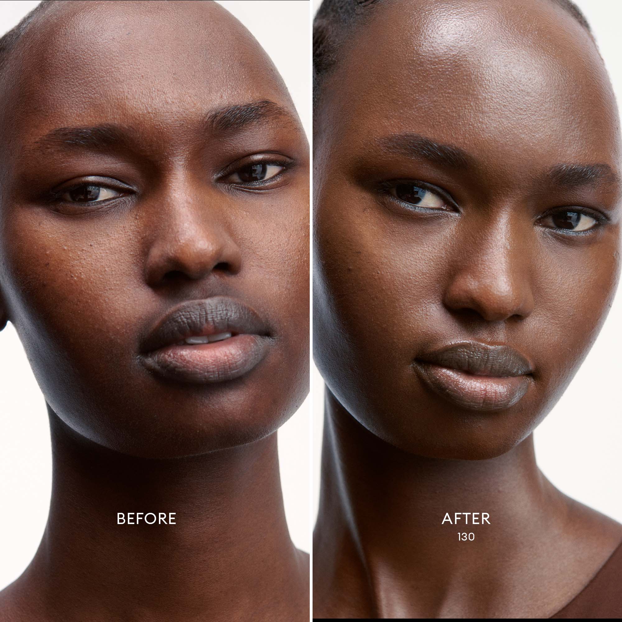 Before and after image of a Deep Skin Tone/Neutral Undertone model wearing Skin Enhance Luminous Tinted Serum in shade 130.