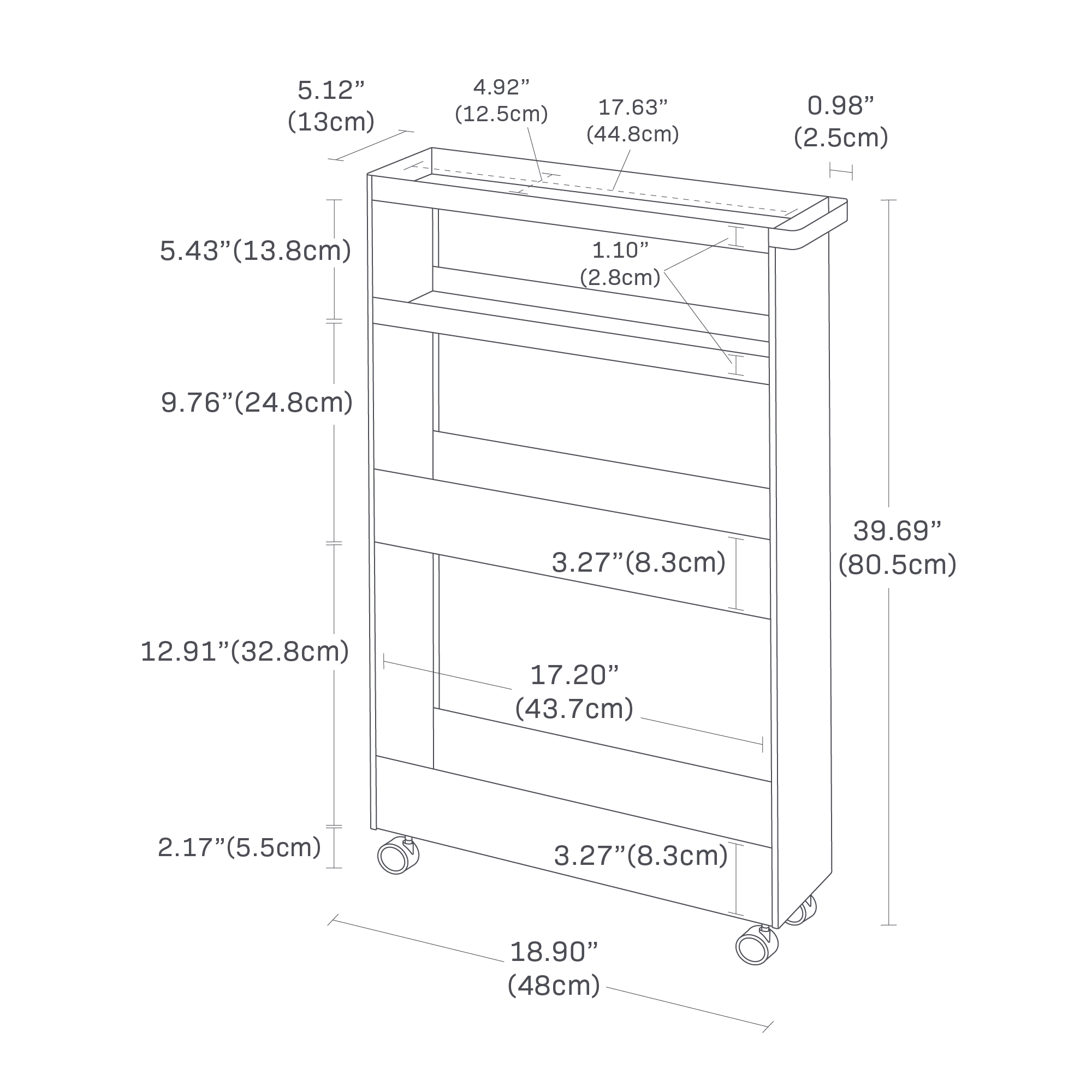 Dimension image for Slim Rolling Wagon with dimensions: height is 31.69", width is 18.90", depth is 5.12". Shelves are spaced at 4.92", 5.43", 9.76", and 12.91". The top section depth is 0.98", shelf widths are 17.63", 17.20", and 17.20", caster height is 2.17".