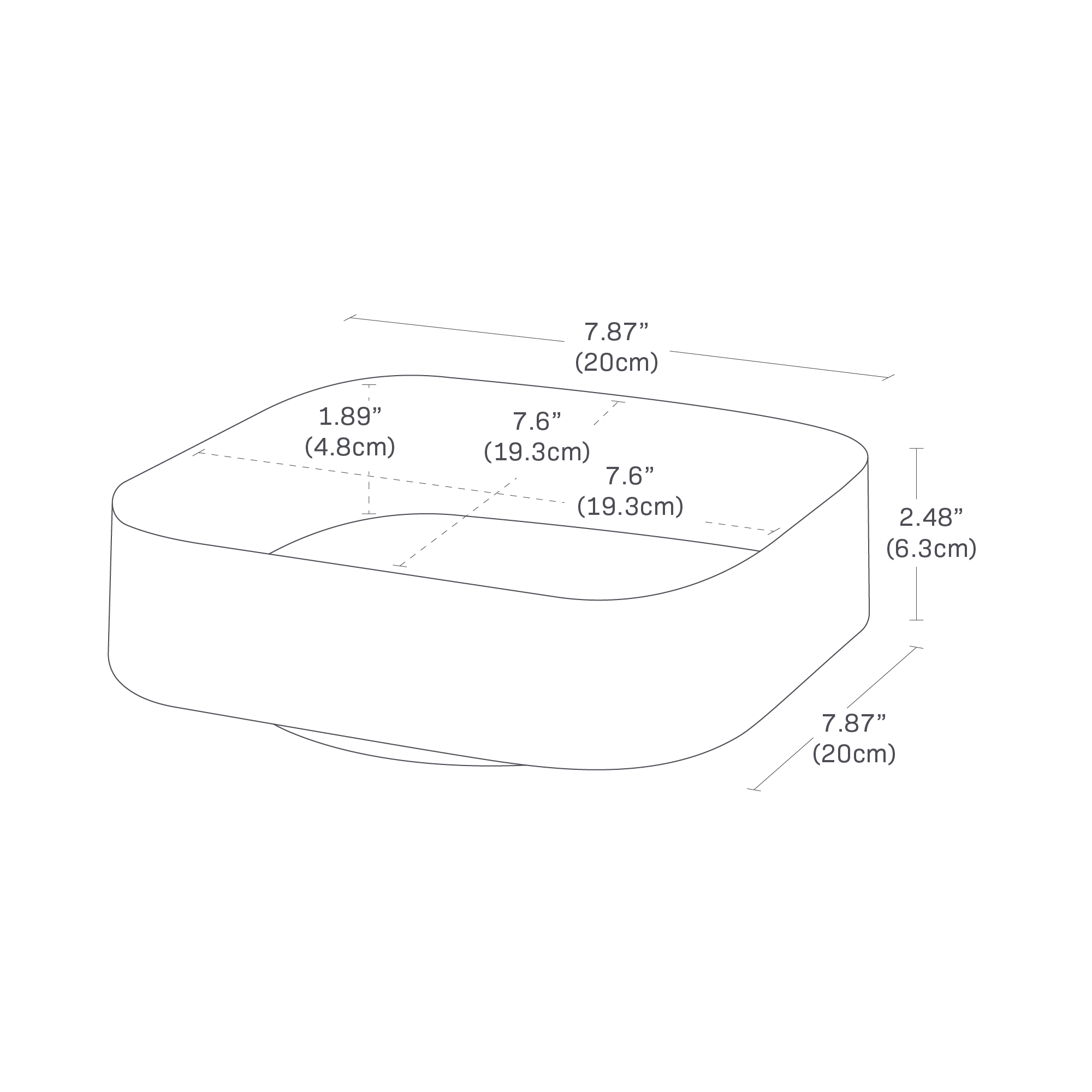 Dimension image for Rotating Storage Tray showing dimensions: 7.87 inches in length, 7.87 inches in width, and 2.48 inches in height. The internal depth is noted as 1.89 inches.