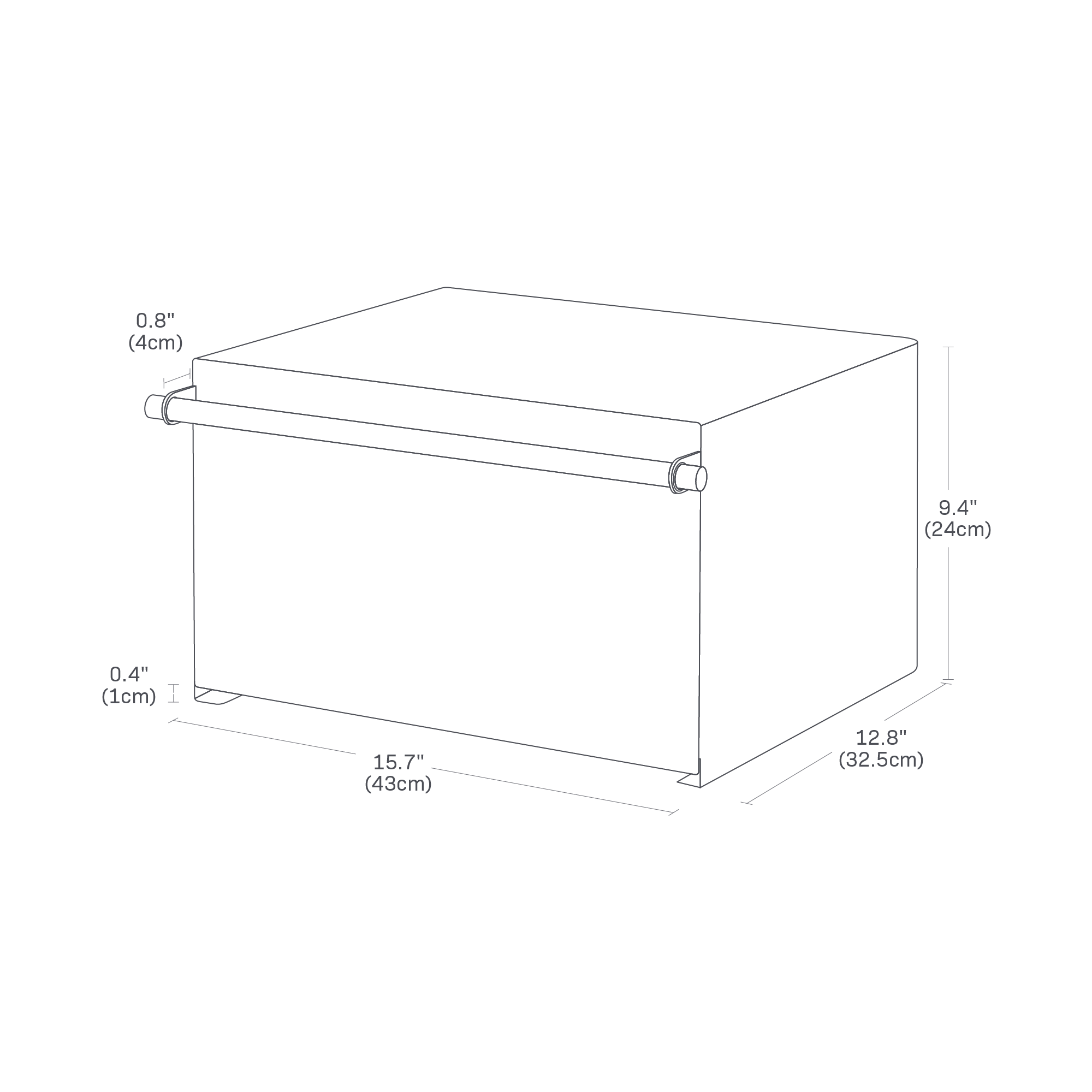 Dimension image of Horizontal Bread Box with a width of 15.7 inches, depth of 12.8 inches, and height of 9.4 inches. The space between the handle and the front panel of the box is 0.8 inches.