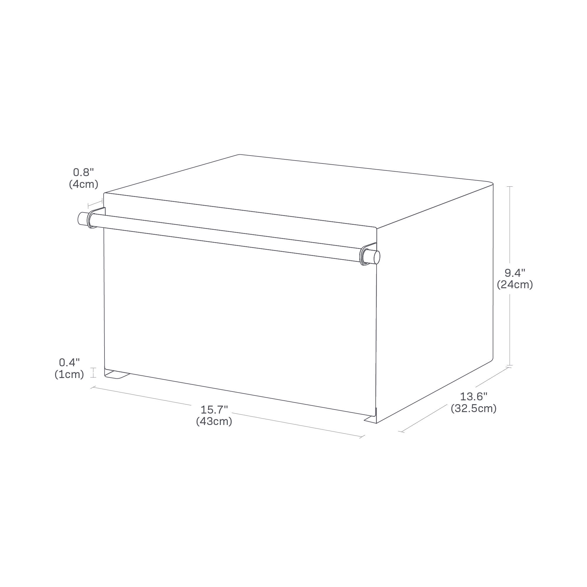 Dimension image of Horizontal Bread Box with a width of 15.7 inches, depth of 13.6 inches, and height of 9.4 inches. The space between the handle and the front panel of the box is 0.8 inches.