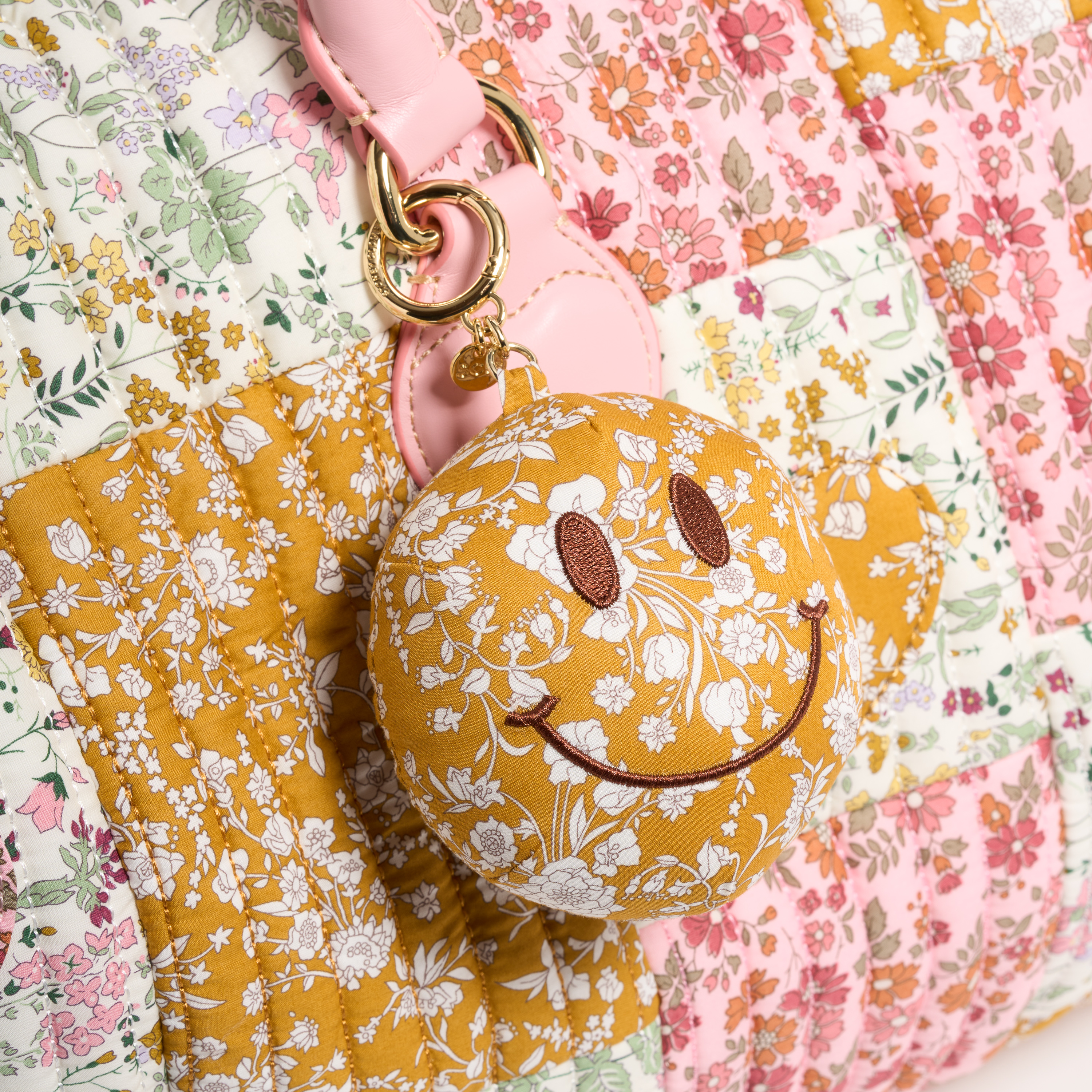 Puffy Smiley Bag Charm Made with Liberty Fabric