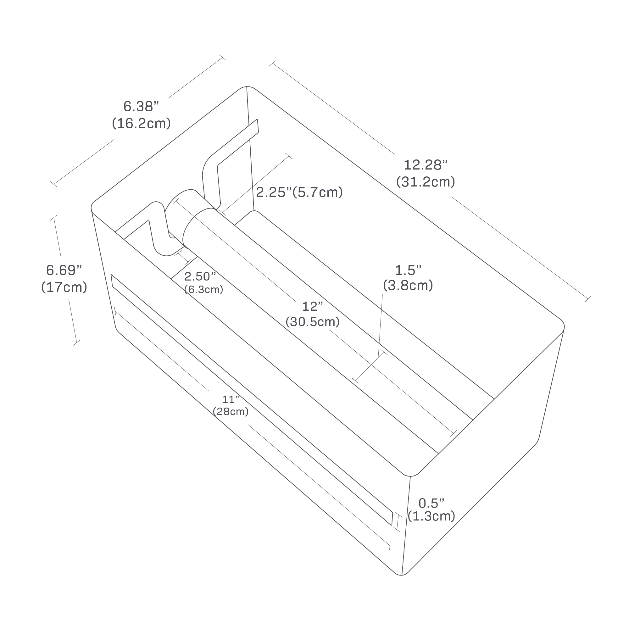 Yamazaki Home Paper Towel Dispenser with dimensions: width is 6.38", depth is 12.28", and height is 6.69". The front slot width is 11". The rod length is 12", and its diameter is 1.5". The mounting bracket extends 2.25", and the rod support is 2.50". The thickness of the opener is 0.5".