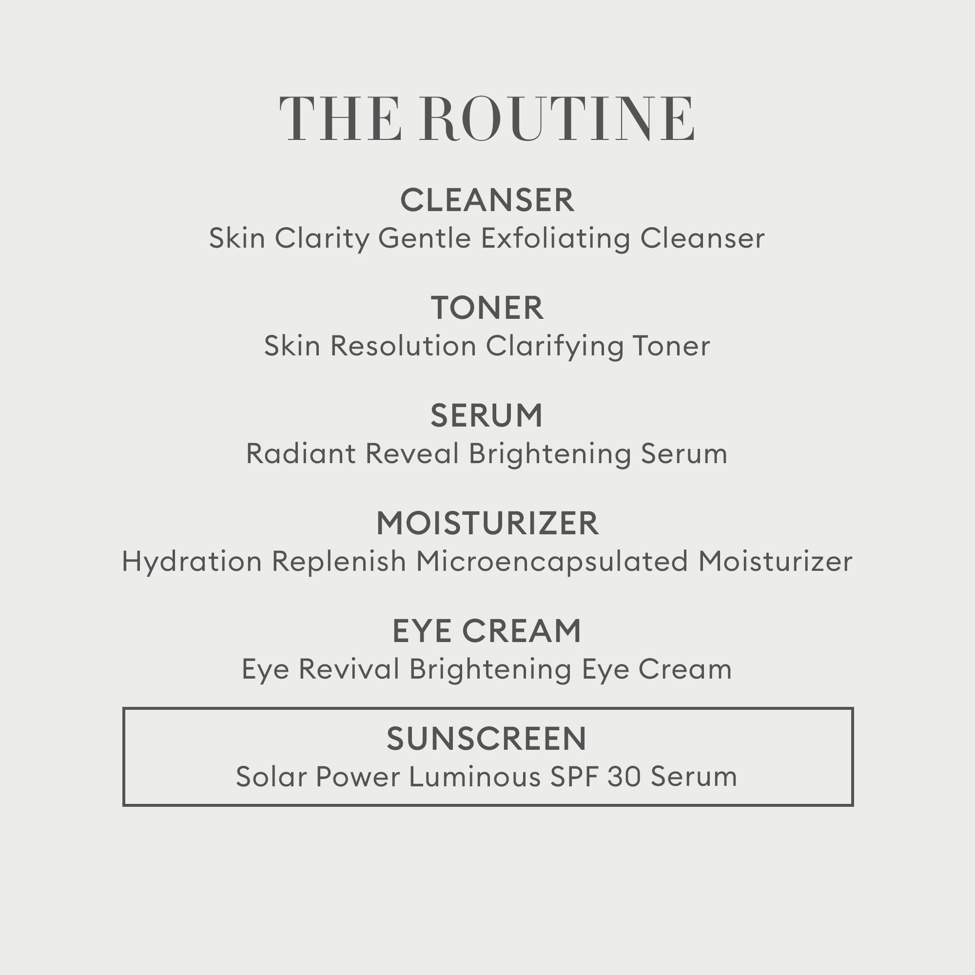 Recommended routine when using the Solar Power SPF 30 Serum: Cleanser, Toner, Serum, Moisturizer, Eye Cream and Sunscreen. 