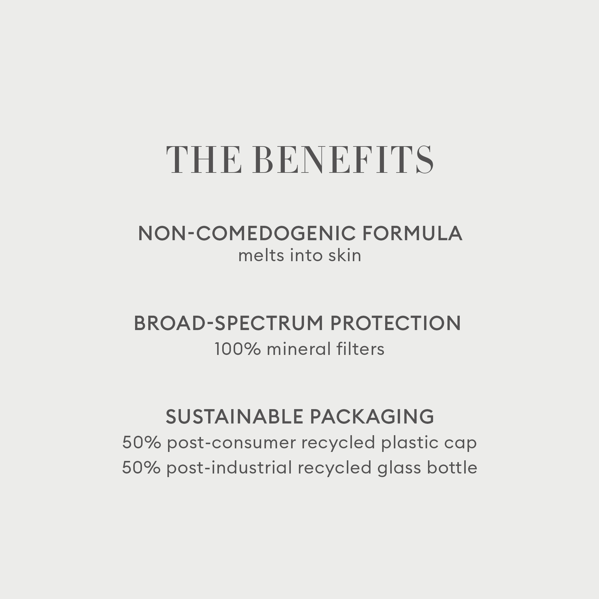 The benefits of using Rose Inc's SPF 30 Serum: Non-comedogenic formula, broad-spectrum protection 100% mineral filters, and sustainable packaging