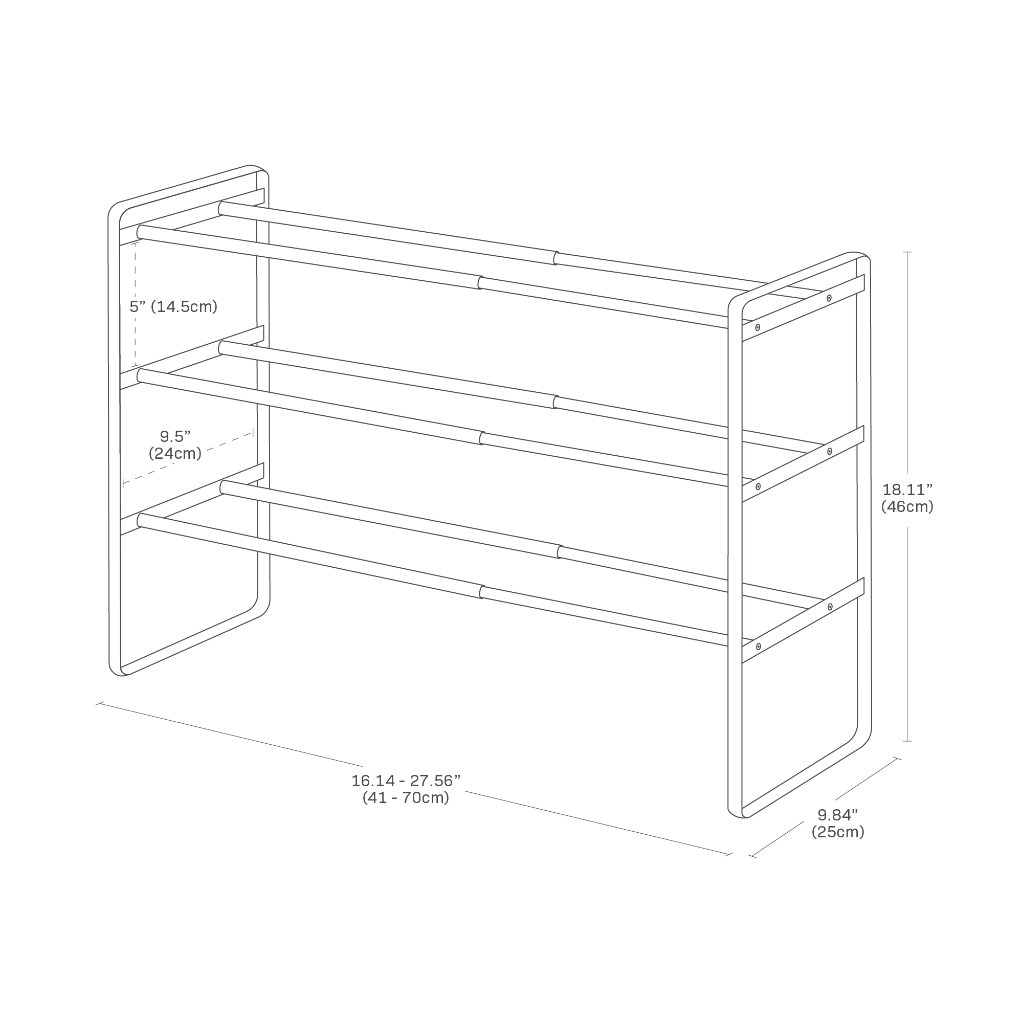 The image shows a 3-tier expandable shoe rack with dimensions: height is 18.11", depth is 9.84", and width is adjustable from 16.14" to 27.56". The space between tiers is 5" for the top level and 9.5" for the middle level.