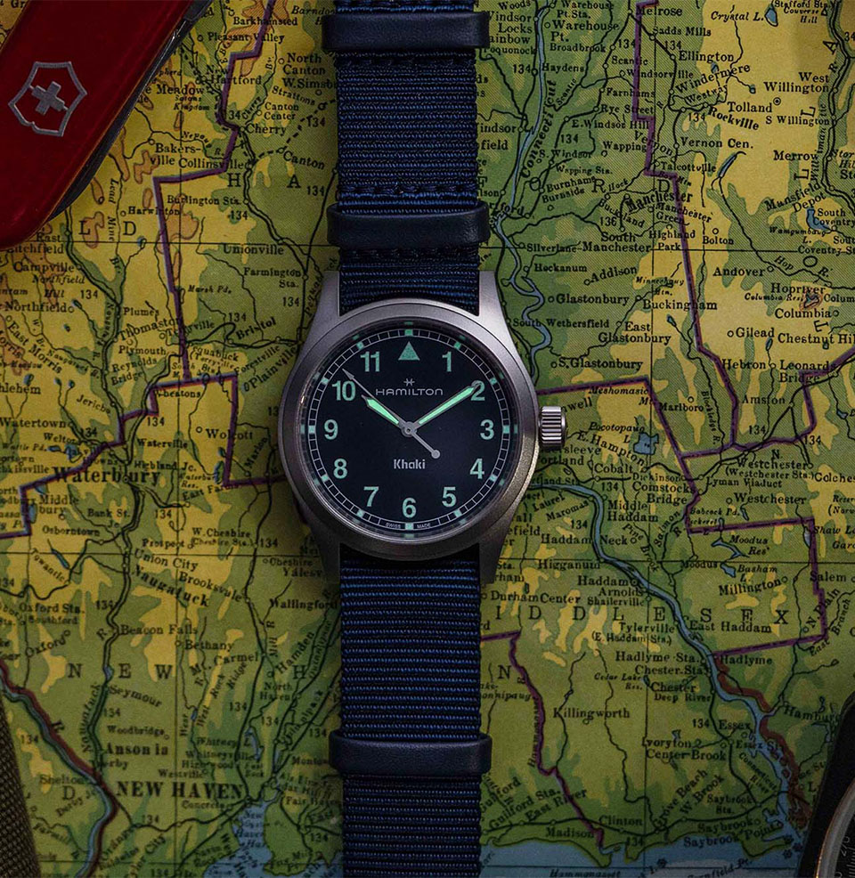 Khaki Field Quartz 38mm Superluminova on the numerals