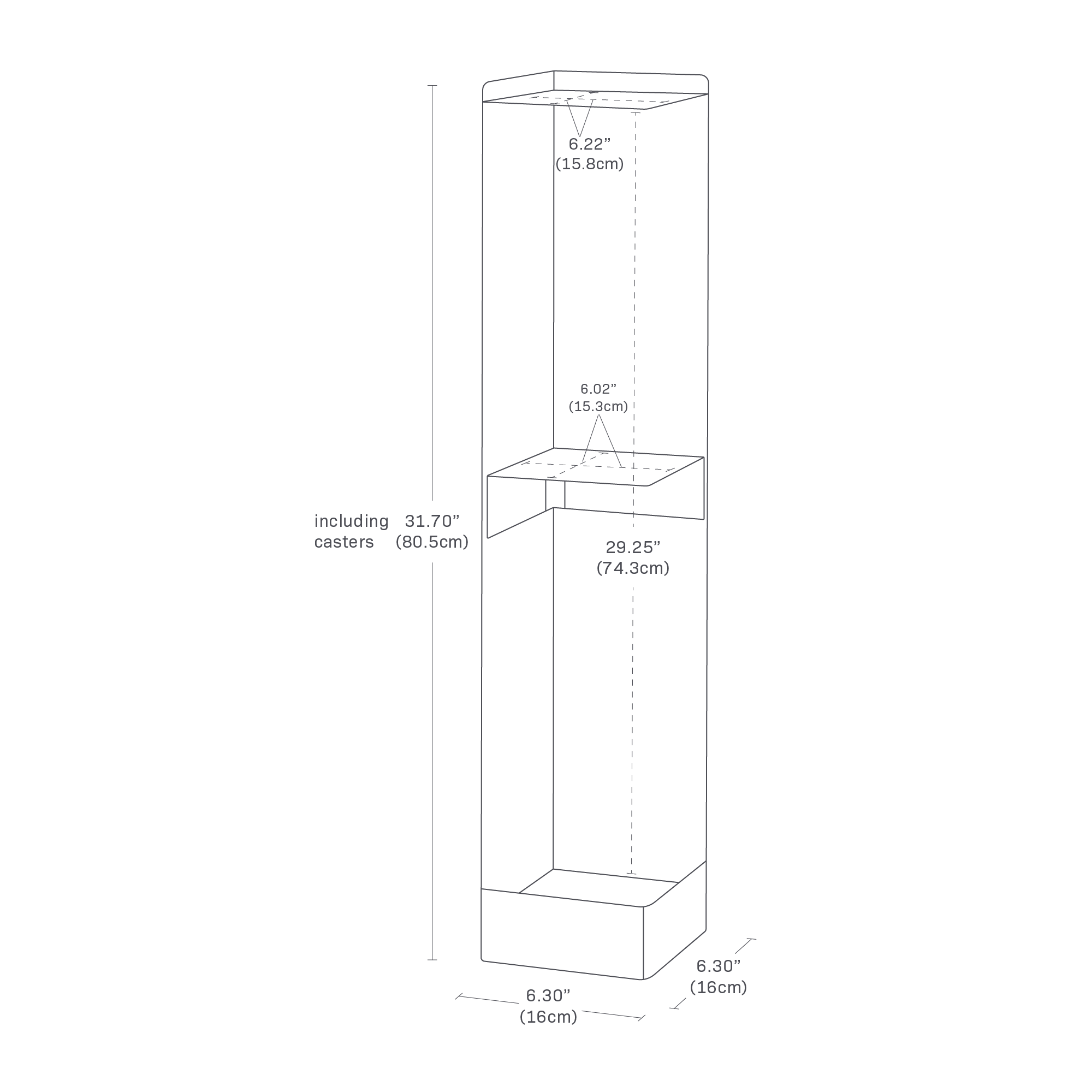 The image shows a rolling bathroom organizer with dimensions: height is 31.70" including casters, width is 6.30", and depth is 6.30". The top shelf is 6.22" by 6.22". The middle shelf is 6.02" by 6.02", positioned 29.25" from the bottom.