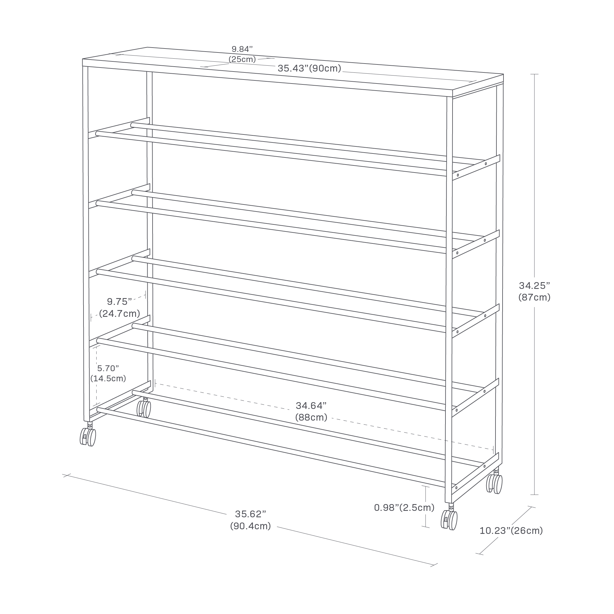 The image shows a rolling five-tier shoe rack with dimensions: height is 34.25", width is 35.62", and depth is 10.23". Each shelf is 35.43" wide and 9.84" deep. The bottom shelf has a 5.70" gap, while others have 9.75". The caster height is 0.98", and the inner width is 34.64".