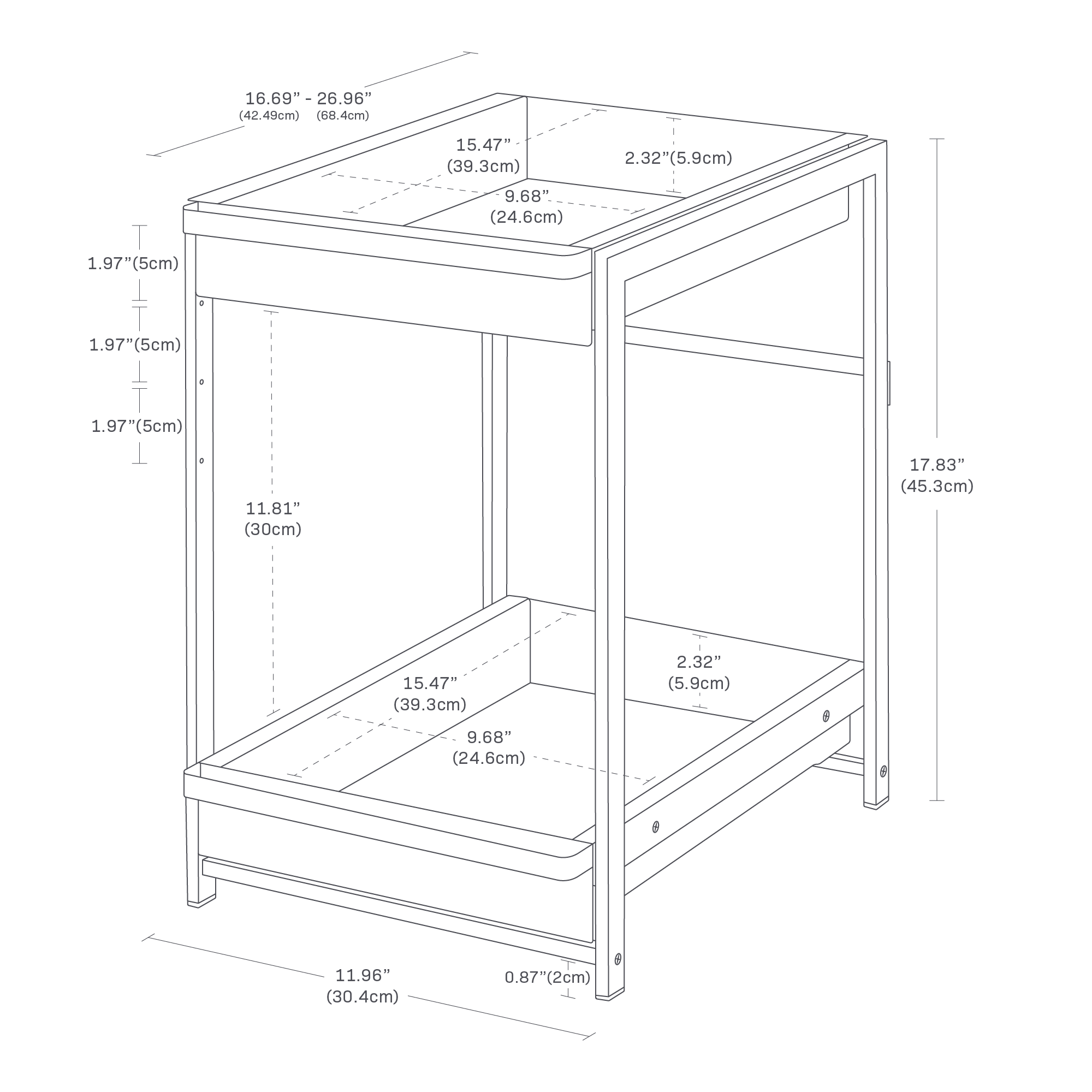 The image shows an under-sink rack with a pull-out shelf. Dimensions: height is 17.83", width is adjustable from 16.69" to 26.96", and depth is 11.96". The upper and lower shelves are 15.47" wide and 9.68" deep, with a 2.32" raised edge. The gap between shelves is 11.81". Leg thickness is 0.87".