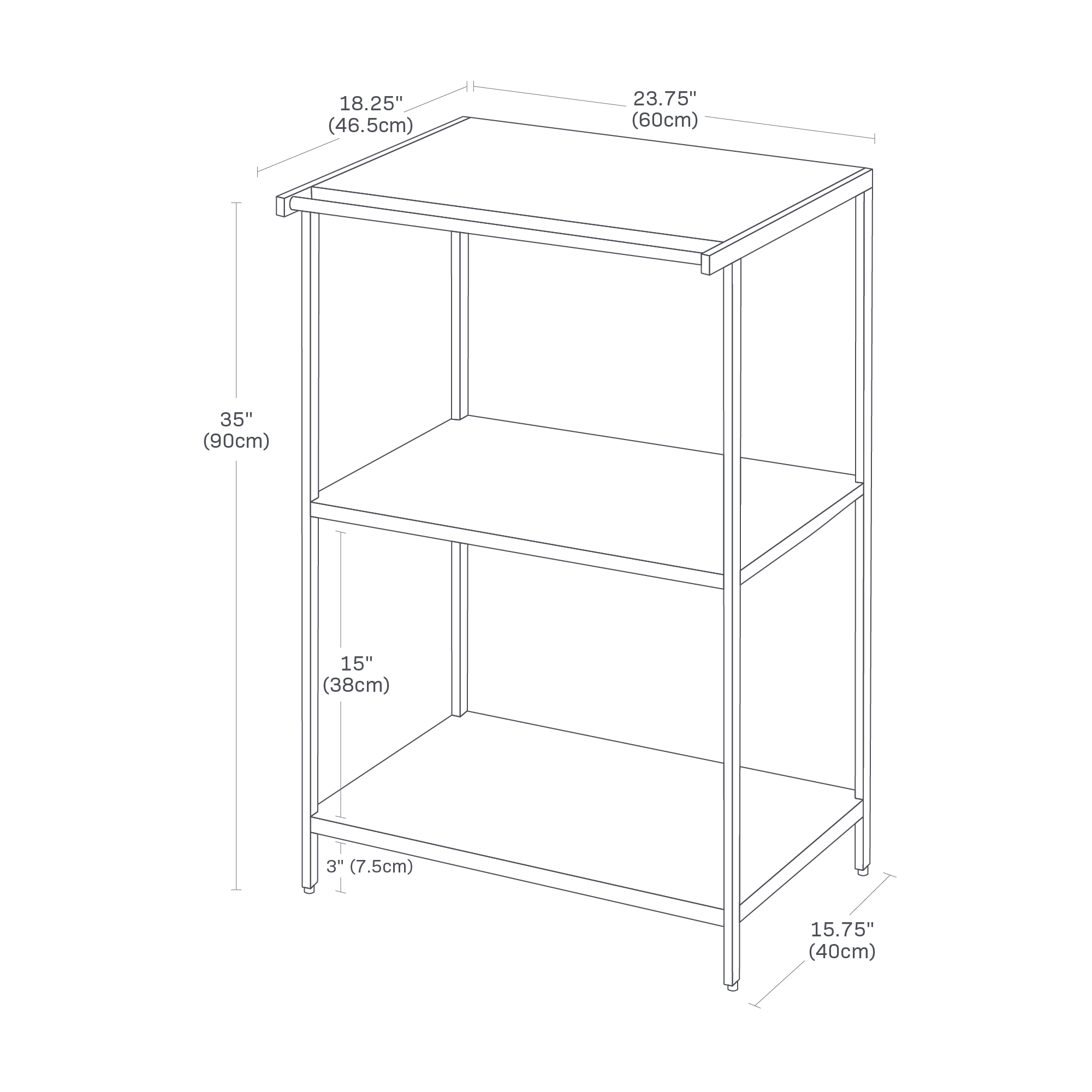 TOWER Storage Rack. Size: 35 inches. 35 inches tall, 23.75 inches long, 18.25 inches wide. Bottom shelf 3 inches from ground, shelves 15 inches apart.