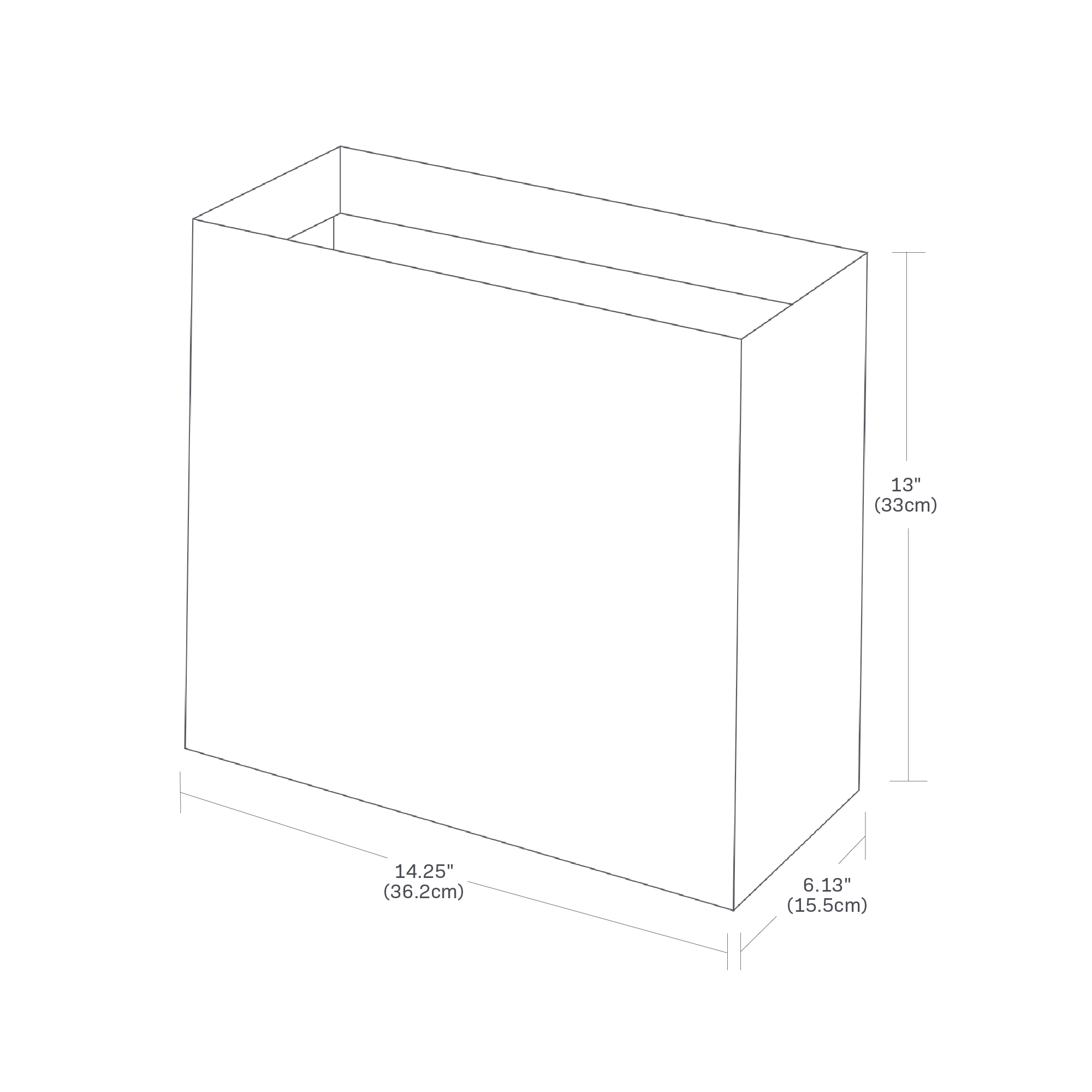 Dimension image for Trash Can showing length of 14.25 inches, width of 6.125 inches and height of 13 inches
