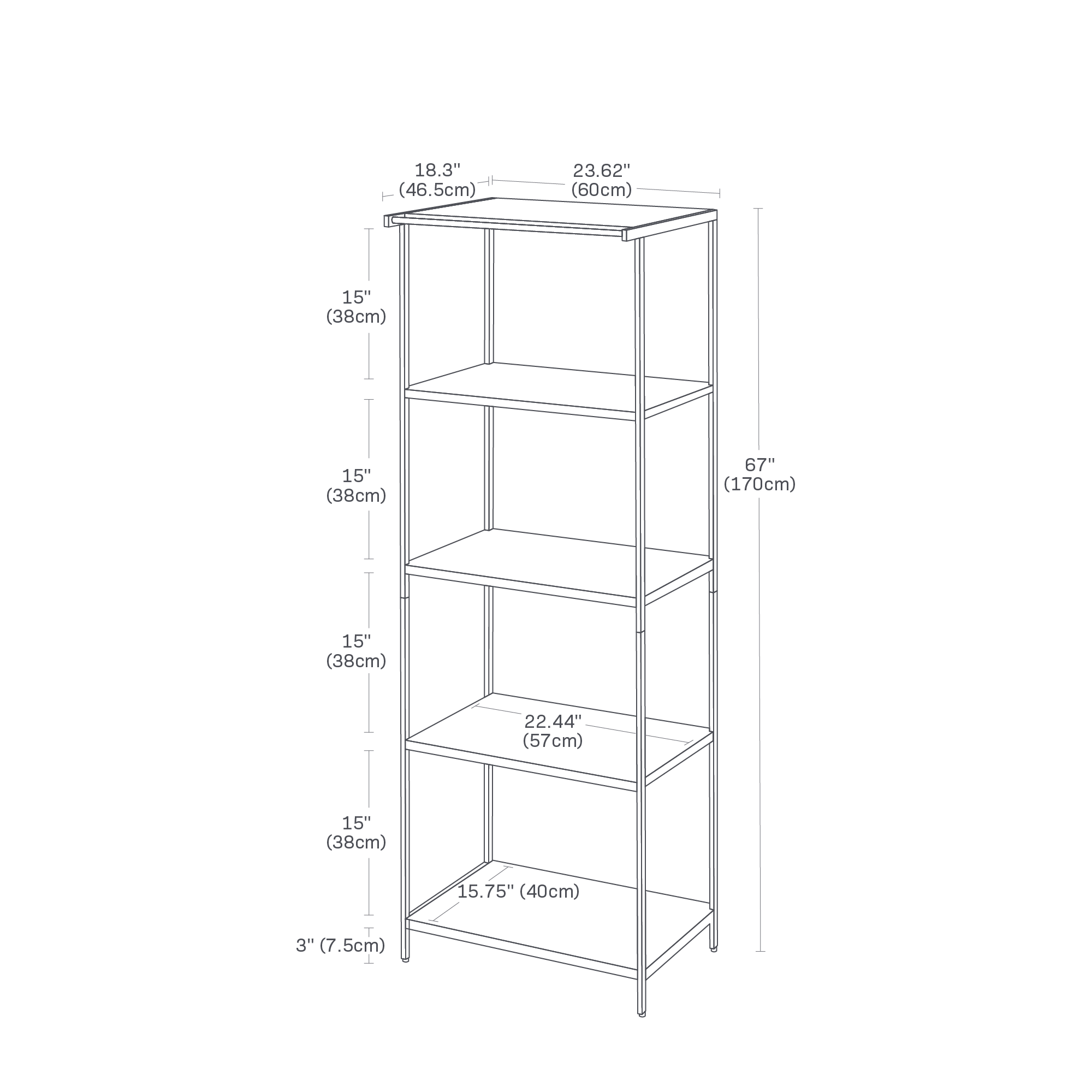 Dimension image for Storage Rack - 67 inches showing a total length of 23.62 inches, width of 18.3 inches and height of 67 inches. Floor to bottom shelf height of 3 inches. Shelves spaced out by 15 inches each. Shelf size of 22.44 inches by 15.75 inches.