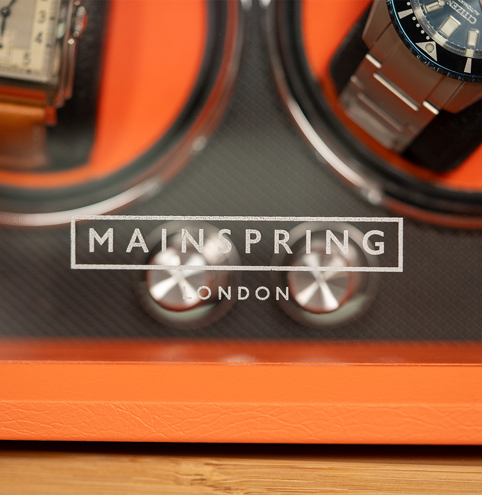 Guardian Dual Slot Watch Winder Brand name printed on the glass