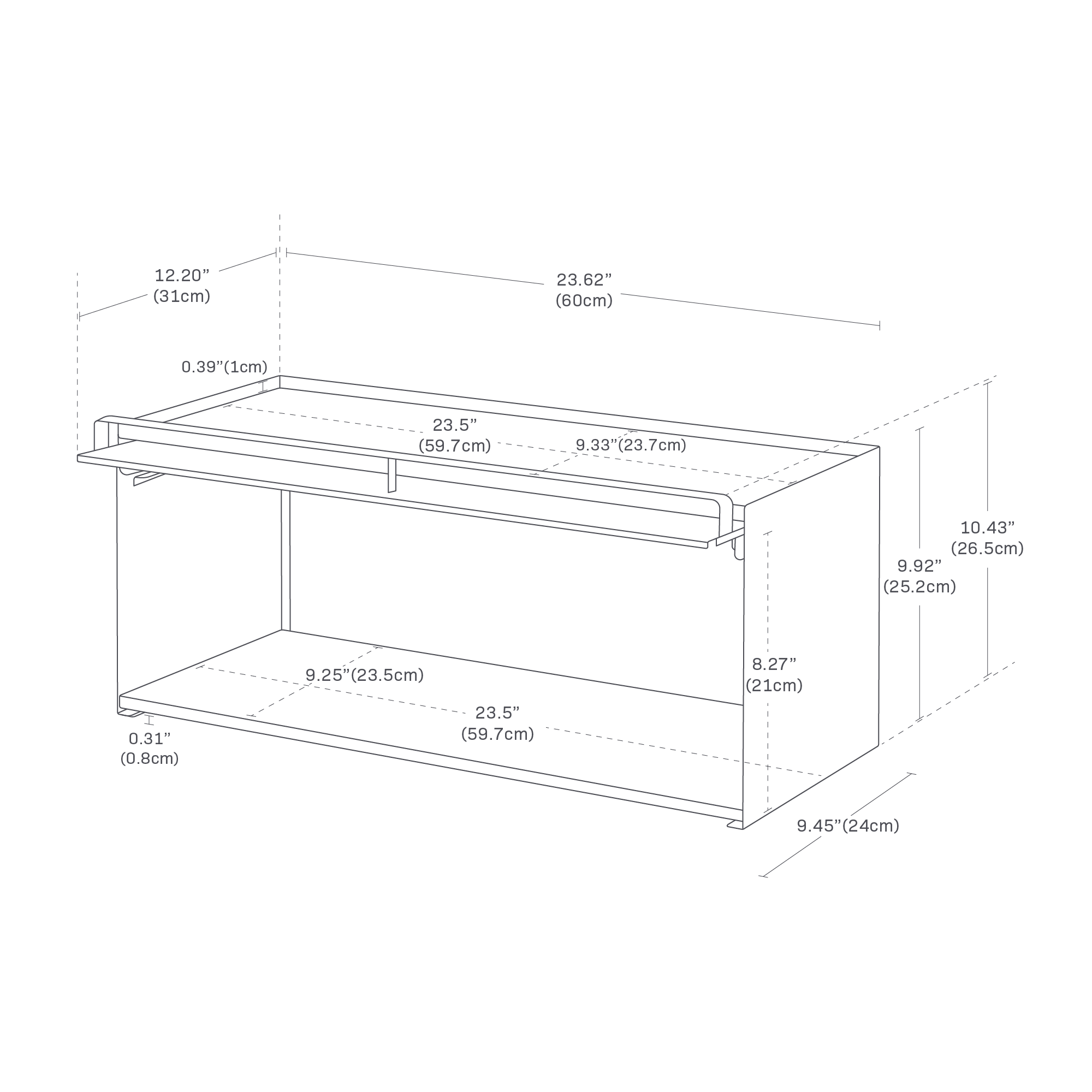 The image shows a front-opening kitchen countertop storage rack with dimensions: overall width is 23.62", depth is 12.20", and height is 10.43". The inner storage space is 23.5" wide, 9.25" deep, and 8.27" high. The front opening is 9.33" wide. Top and bottom panel thicknesses are 0.39" and 0.31" respectively, and the side depth is 9.45". The interior vertical clearance is 9.92".
