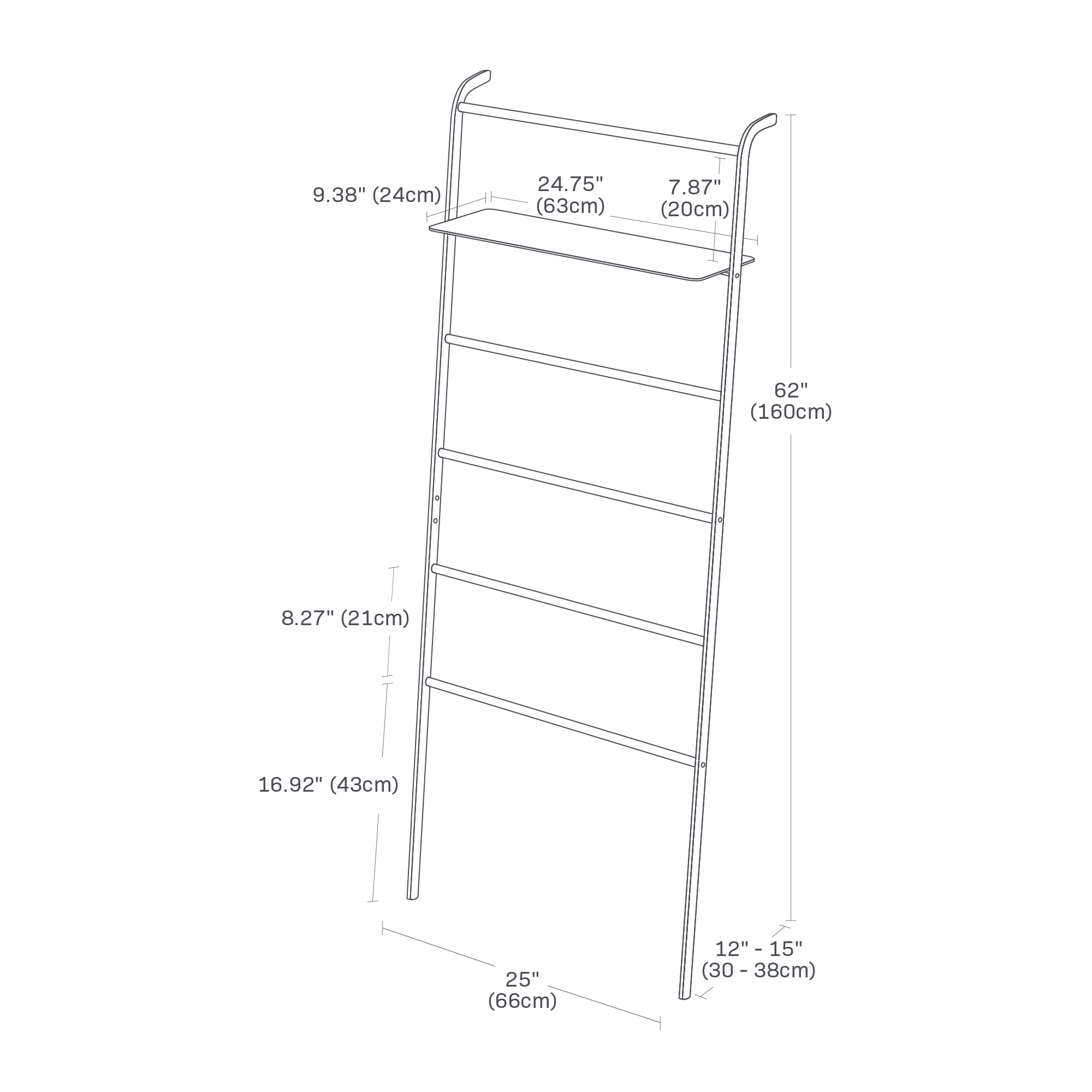 Dimension image for Leaning Storage Ladder showing length of 24.75 inches, width of 9.38 inches and height of 62 inches