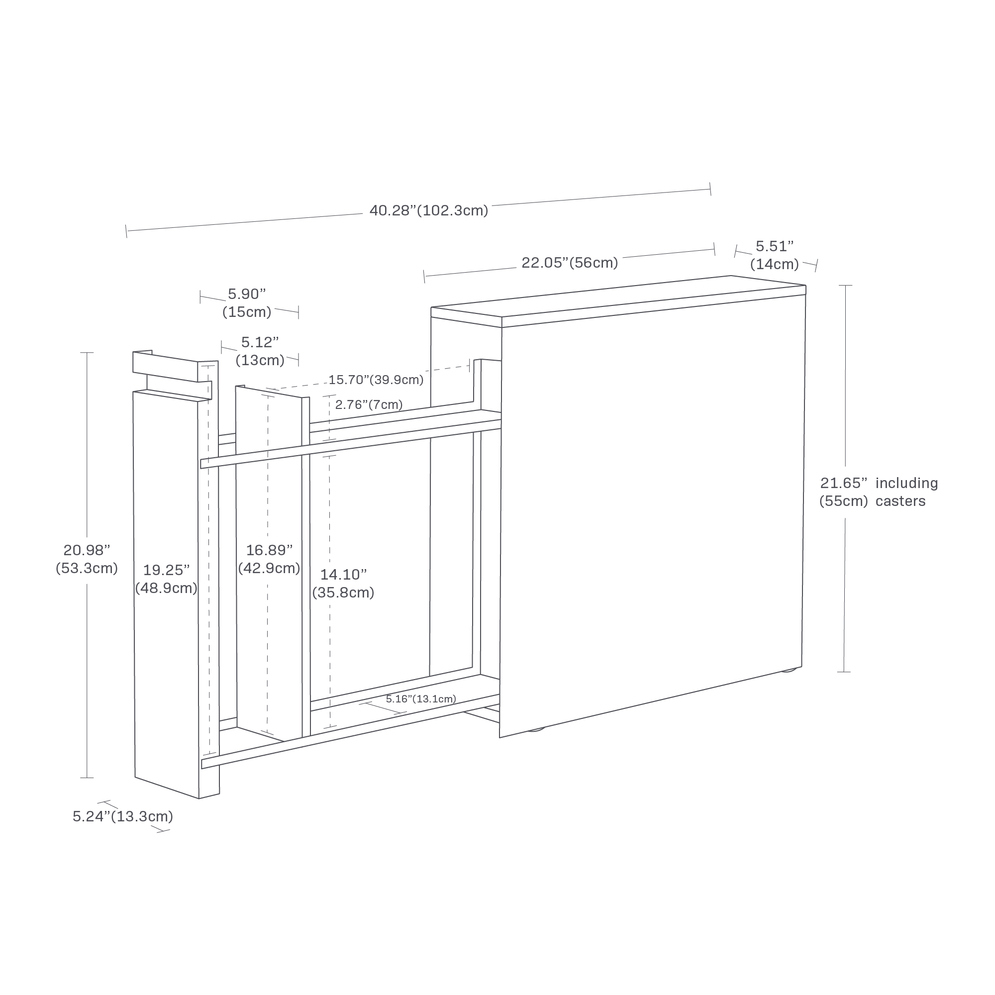 The image shows a pull-out bathroom storage cabinet with dimensions: height is 21.65" including casters, width is 22.05", and depth is 5.51". The pull-out section is 20.98" high and 5.24" wide. The inner shelf widths are 15.70" and 12.76". Shelf heights are 16.89" and 14.10". The base width is 5.16".