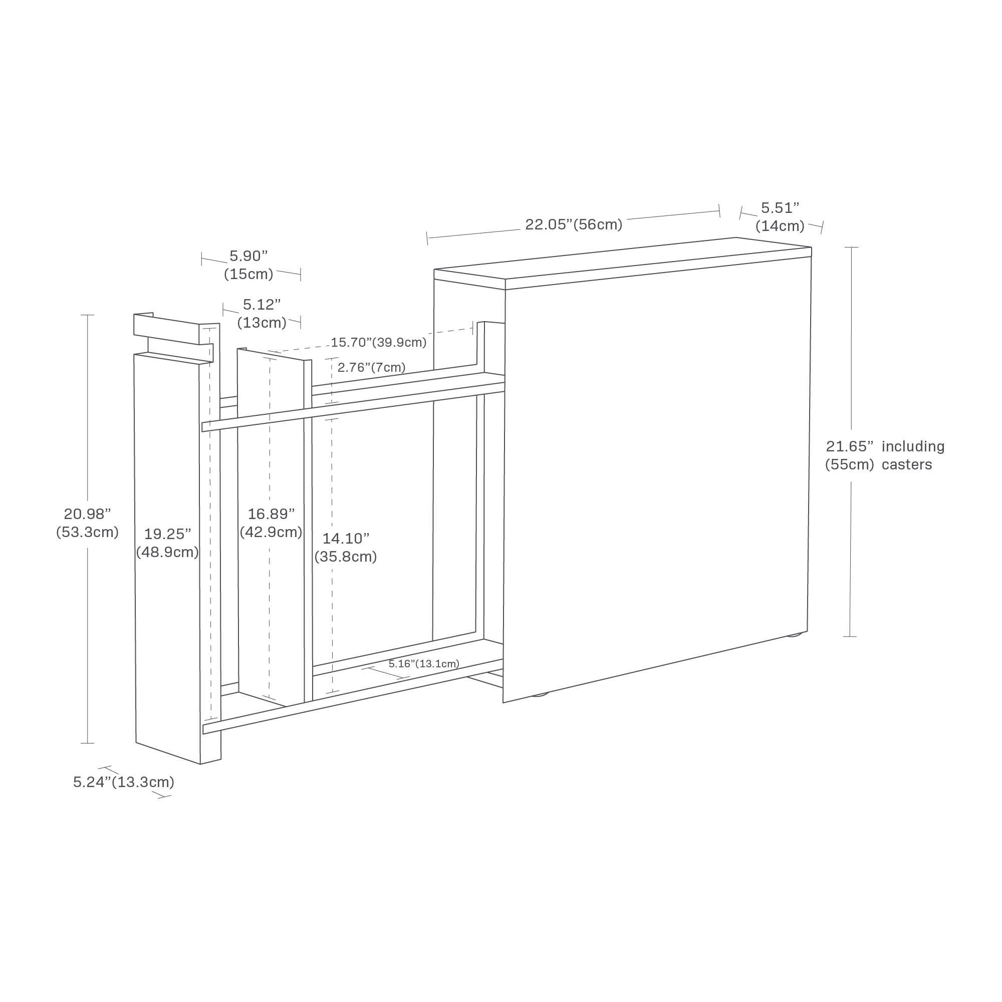 The image shows a pull-out bathroom storage cabinet with dimensions: height is 21.65" including casters, width is 22.05", and depth is 5.51". The pull-out section is 20.98" high and 5.24" wide. The inner shelf widths are 15.70" and 12.76". Shelf heights are 16.89" and 14.10". The base width is 5.16".