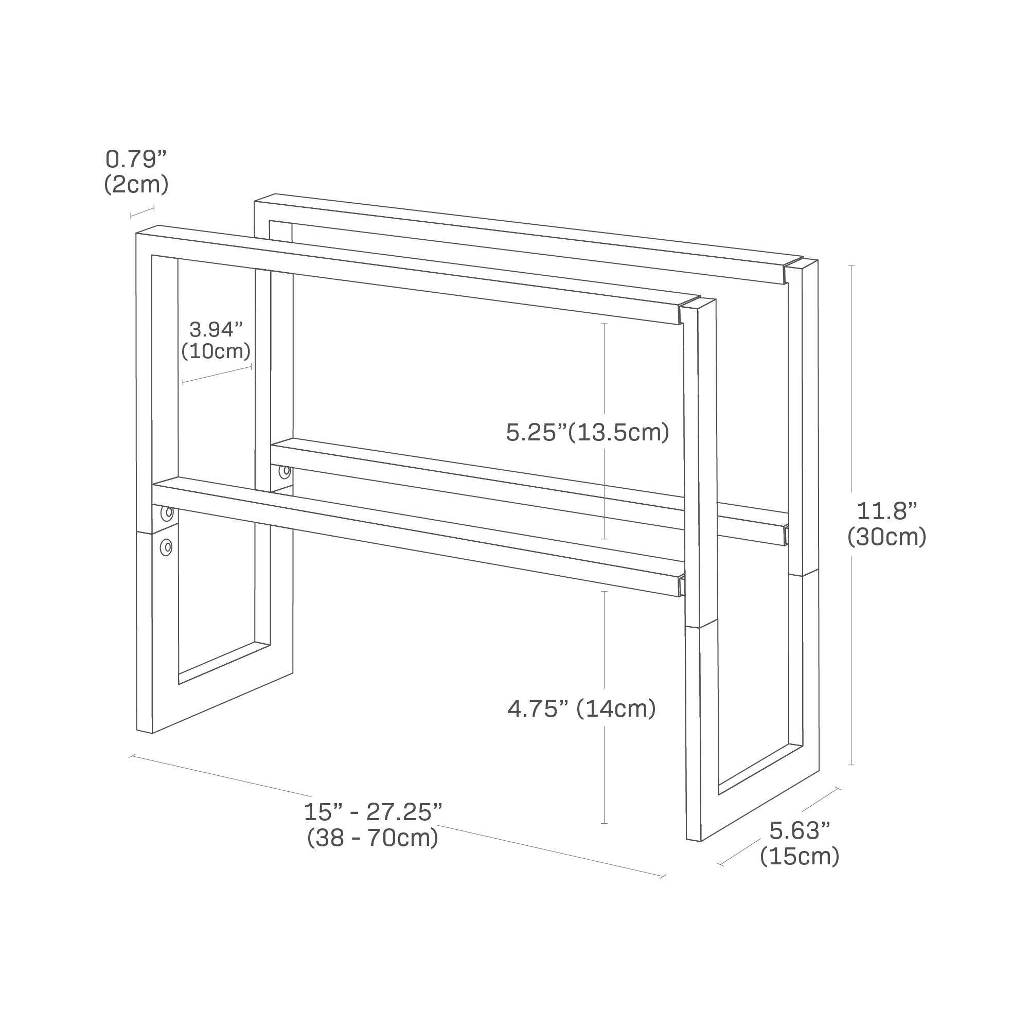 Dimenision image for Expandable Shoe Rack - Two Sizeson a white background showing total width of 15 - 27.25 inches (adjustable), length of 5.63 inches, height from the top tier to the second tier of 5.25 inches, height from the second shelf to the bottom of 4.75 inches.