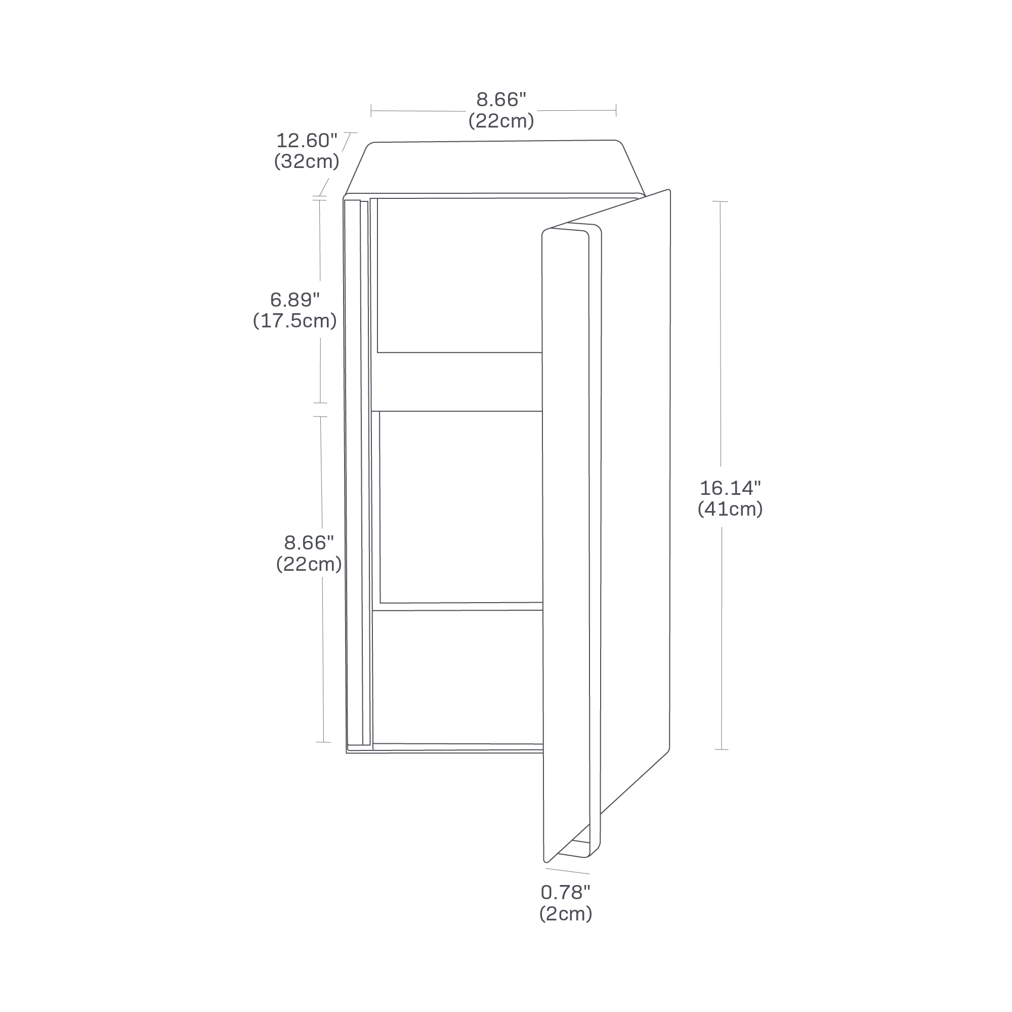 Dimenision image for Bread Box - Two Styleson a white background showing total width of 8.66 inches, length of 12.60 inches, height of 16.14 inches. There is a divider in the box between 6.89 inches and 8.66 inches. The door frame shows thickness of 0.79 inches.