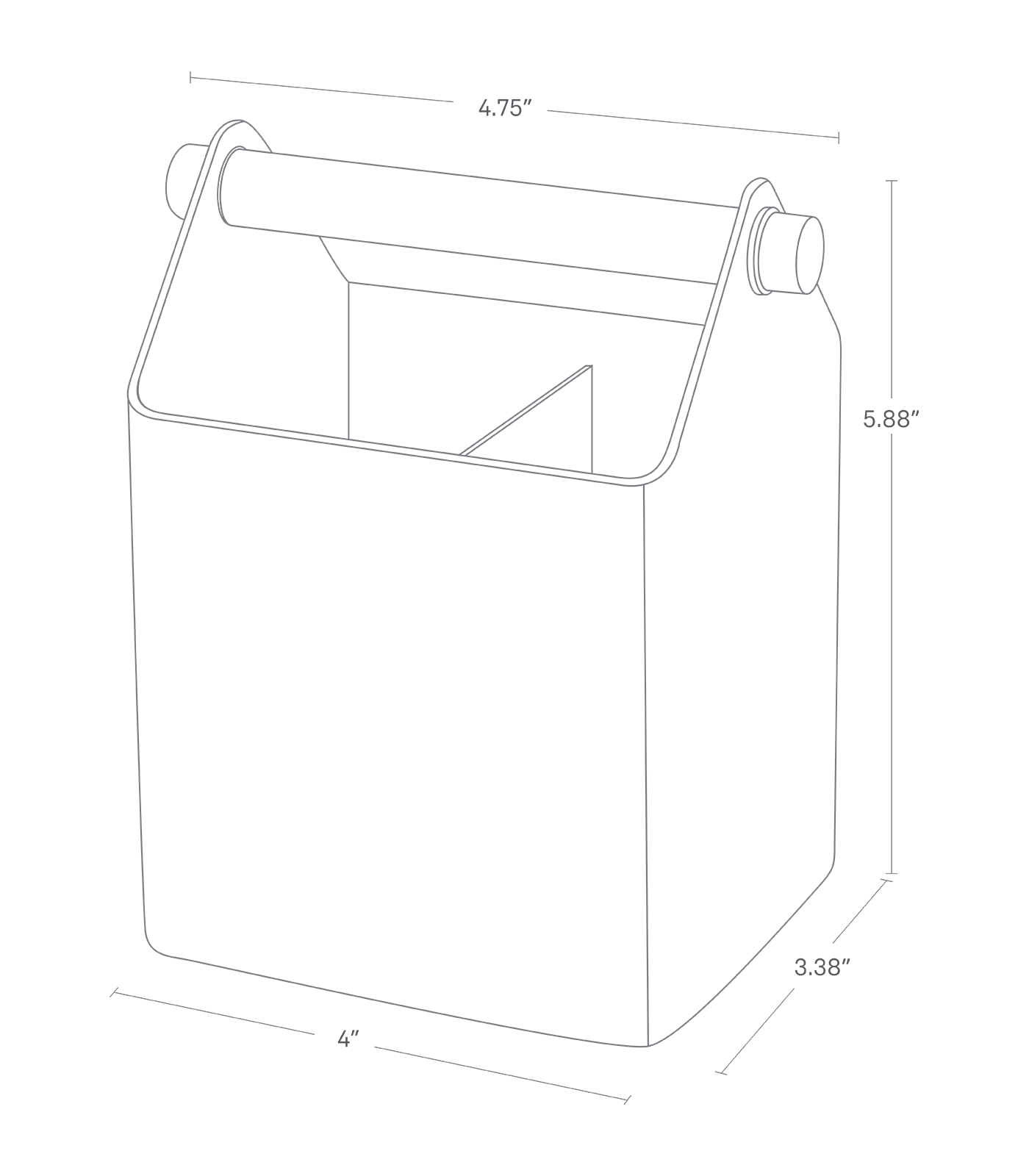 Dimension image of Pen + Desk Organizer with a width of 4 inches, depth of 3.38 inches, height of 5.88 inches, and top dowel width of 4.75 inches.