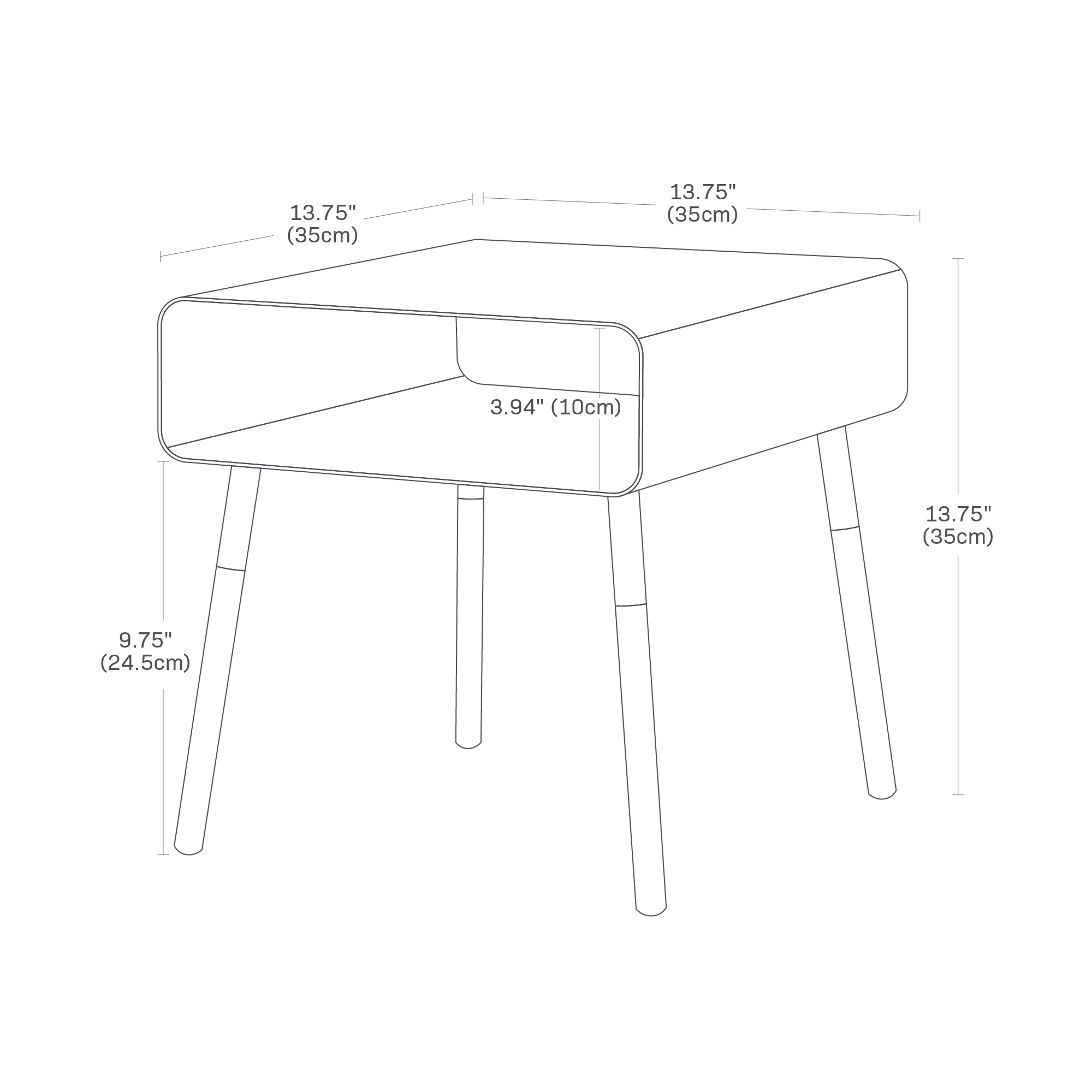 PLAIN Storage Table. Size: Short. Overall length 13.63 inches. Legs 9.75 inches long. Table top 13.75 inches by 13.75 inches.