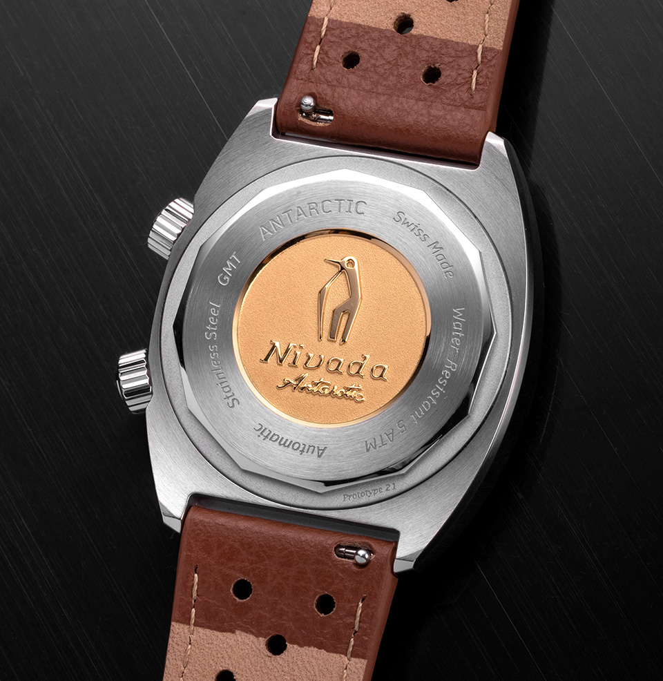 Antarctic GMT Nivada logo on caseback