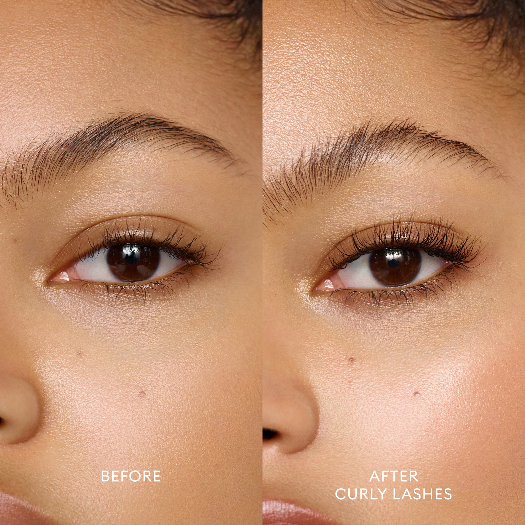 Before and after image of deep skin tone model with curly lashes wearing Ultra Black Lash Lift Serum Mascara.