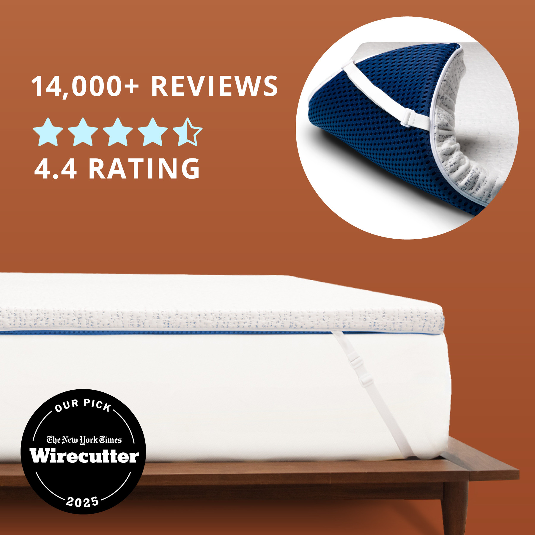 Orders placed by 2pm ships same day. Voted Best Twin XL Mattress Topper by Sleep Foundation. Photo of a college student smiling and sitting on a blue and white mattress topper.