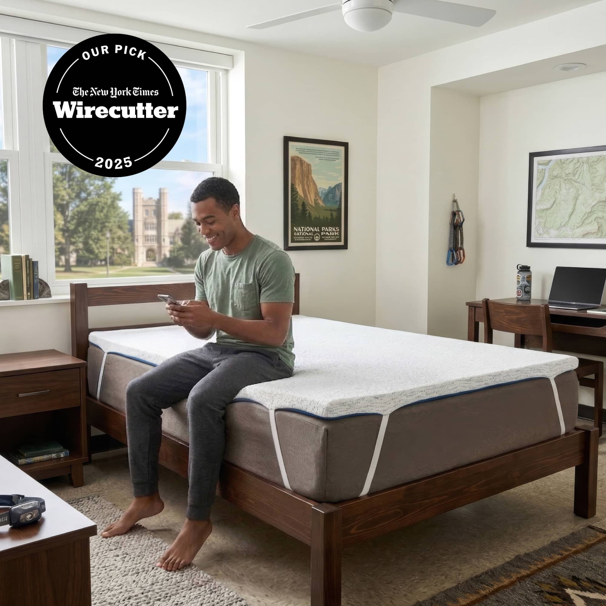 Orders placed by 2pm ships same day. Voted Best Twin XL Mattress Topper by Sleep Foundation. Photo of a college student smiling and sitting on a blue and white mattress topper.