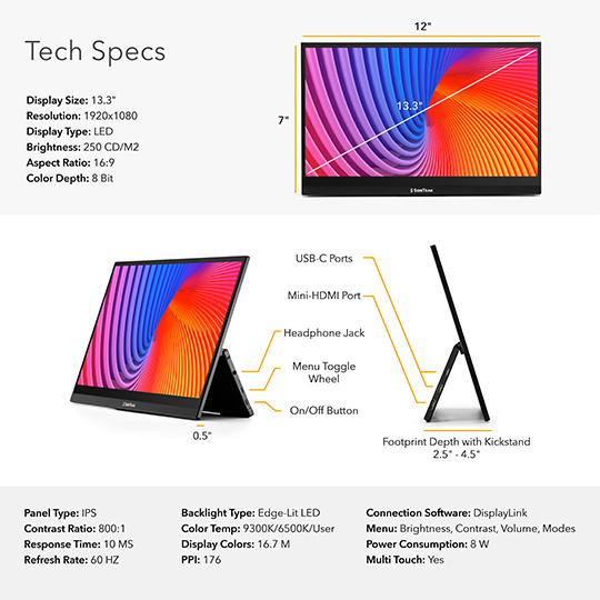 Technical specifications of the SideTrak Solo Pro Micro 13'' portable freestanding monitor.