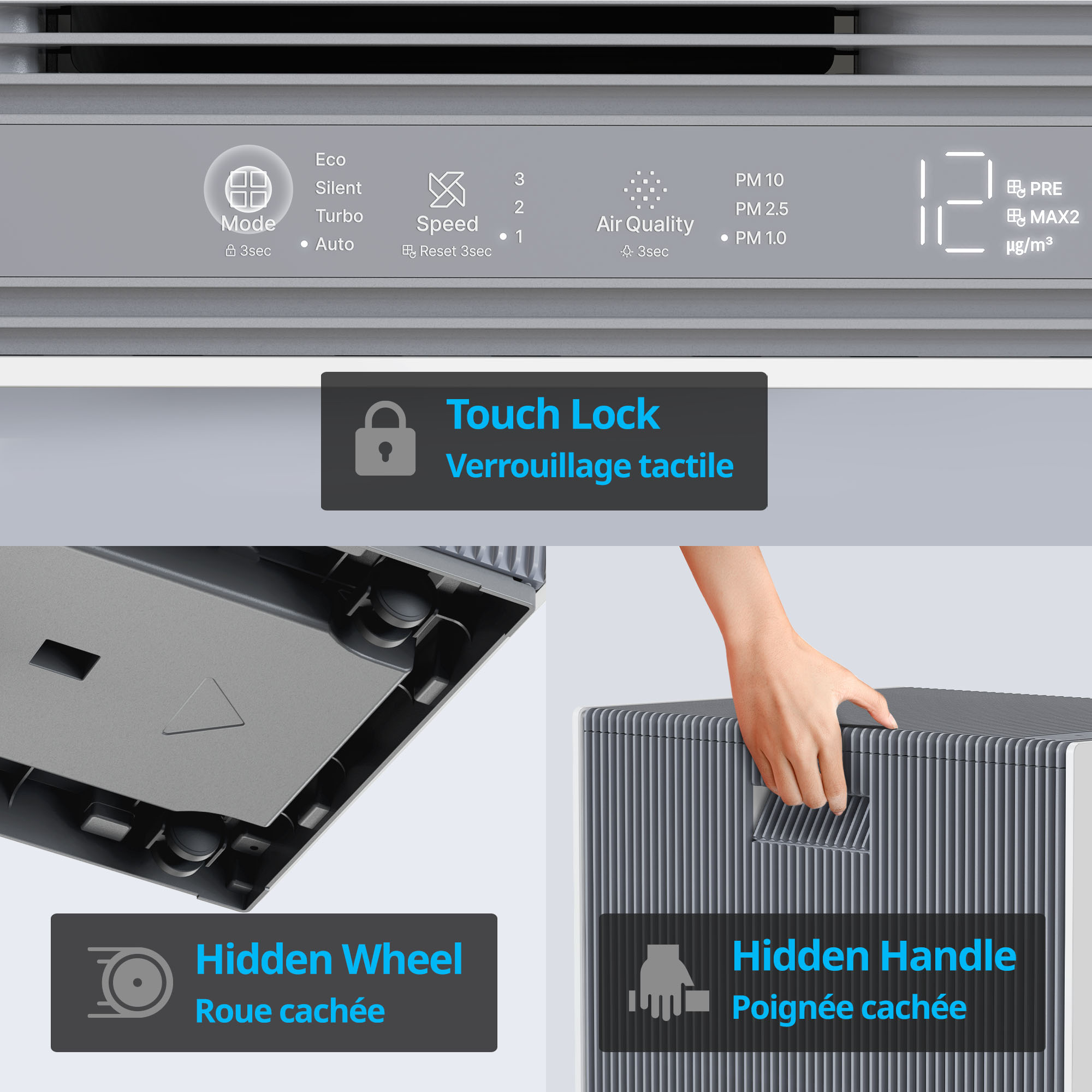Includes touch feature such as panel lock, hidden wheel, and hidden handle