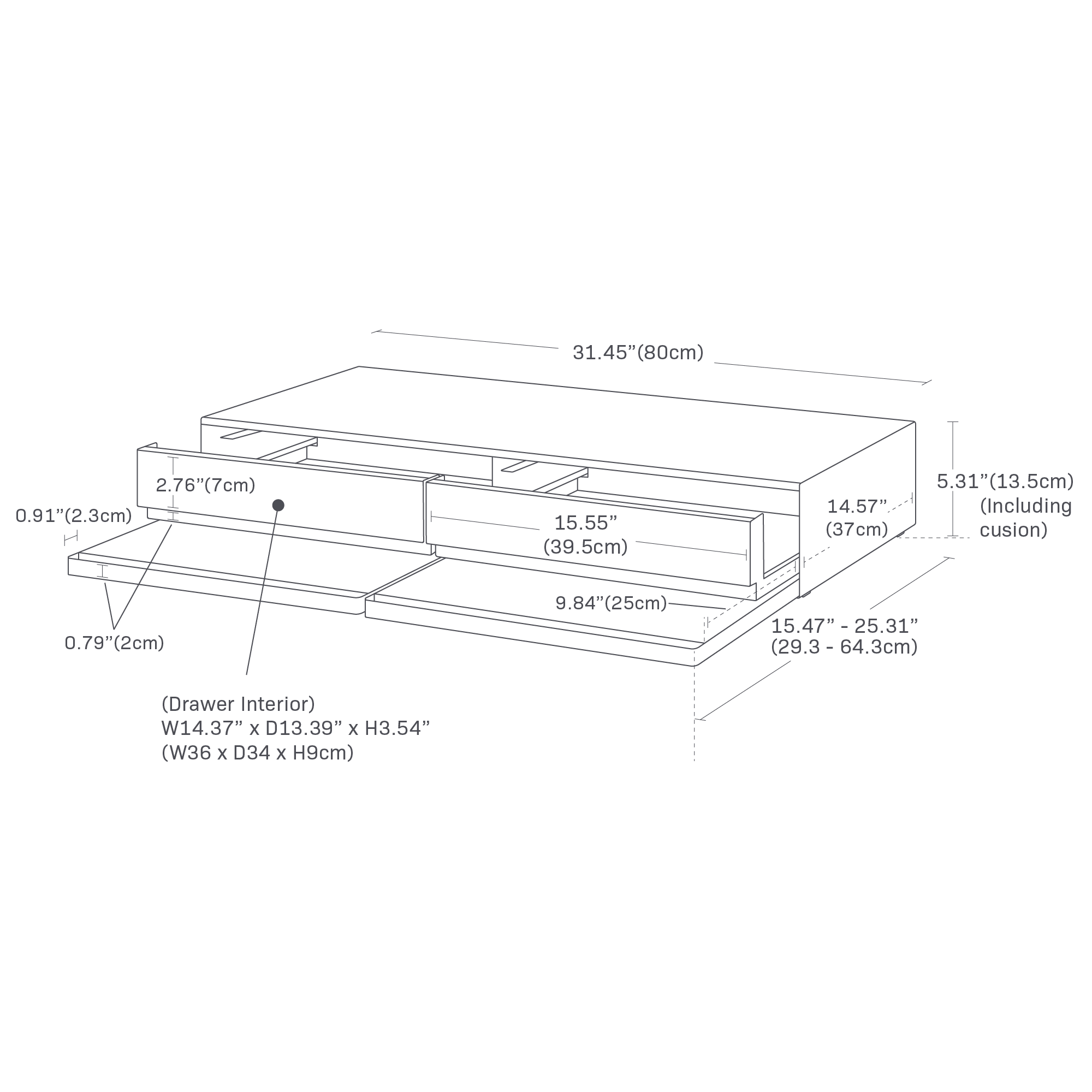 The image shows Countertop Drawer with Pull-Out Shelf - Wide by Yamazaki Home. Dimensions: total width is 31.45", height with cushion is 5.31", and depth is adjustable from 15.47" to 25.31". Drawer front is 15.55" wide and 14.57" deep. Shelf height is 0.79", top thickness is 0.91". Drawer interior measures W14.37" × D13.39" × H3.54". Base depth is 9.84", and the upper front edge depth is 2.76".