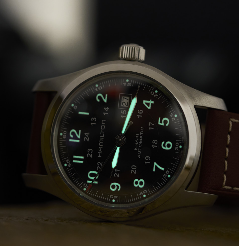Khaki Field Auto Lume throughout the dial