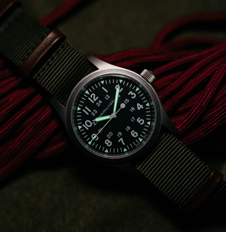 Khaki Field Mechanical Lume throughout the dial.