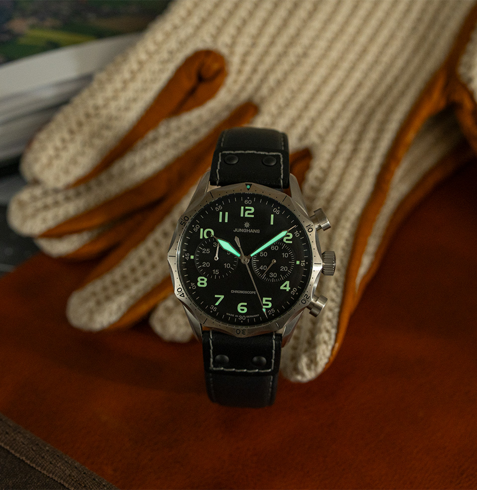 Meister Pilot Chronoscope Green lume on hands on dial